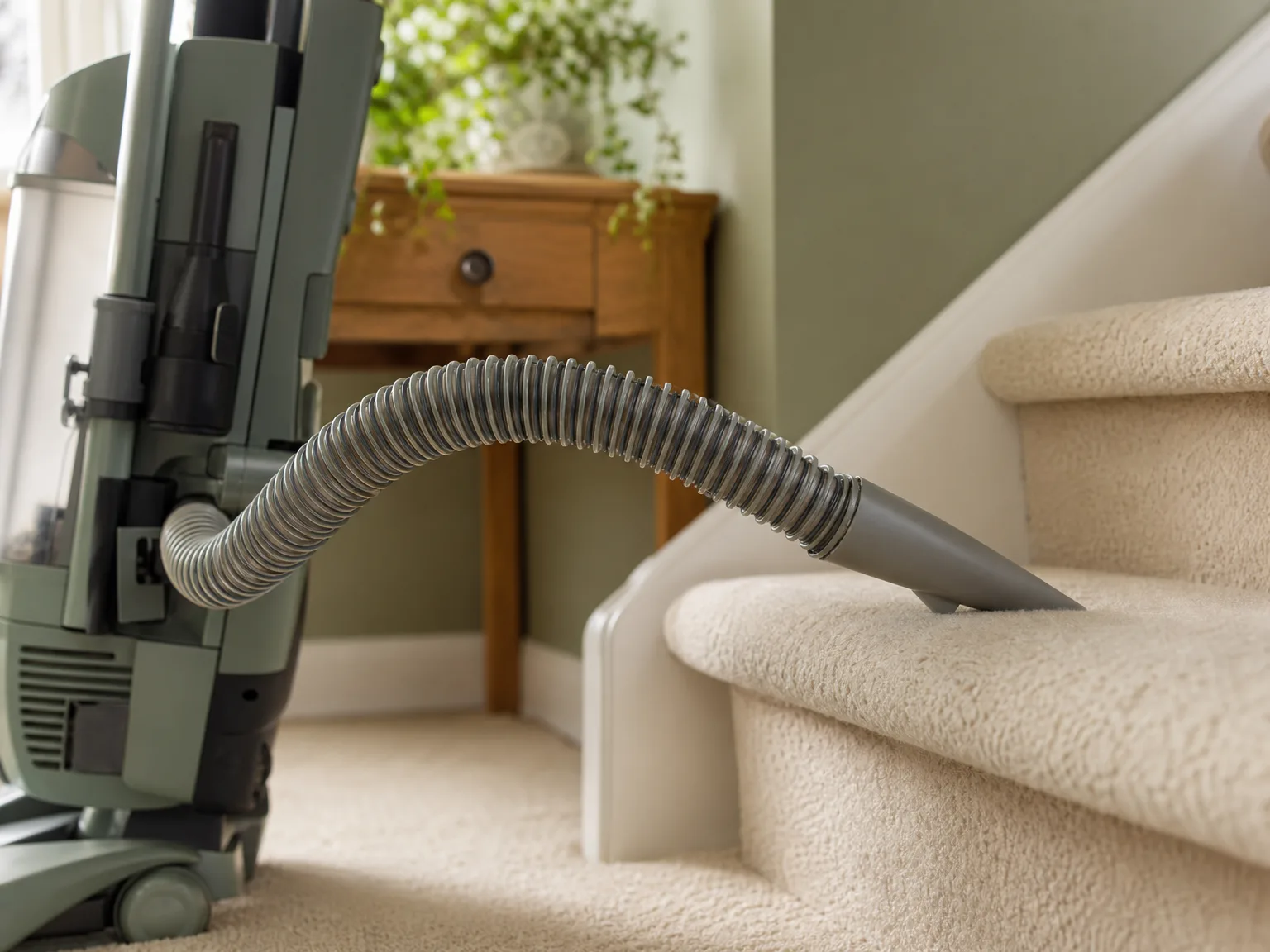 Close-up of a stiff vacuum hose and upright body tipping slightly as the hose stretches toward a stair
