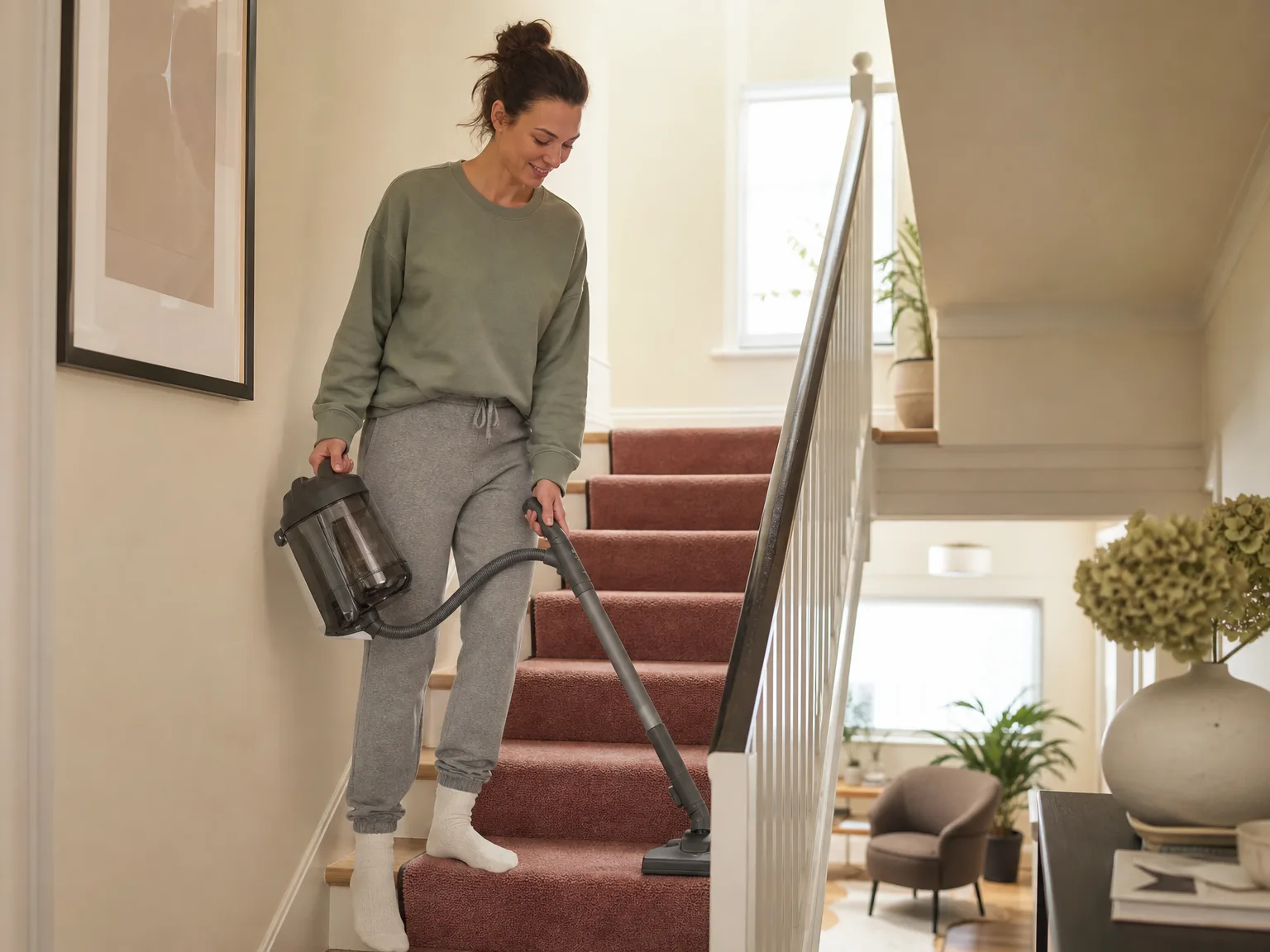Woman in casual loungewear using a detachable upright vacuum pod on carpeted stairs in a sunlit home