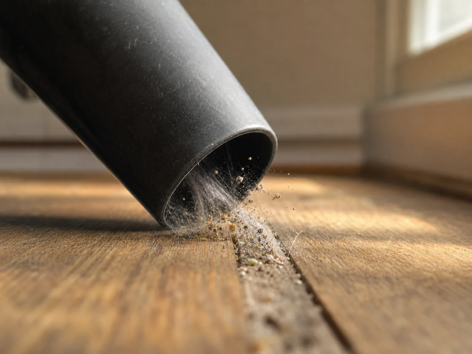 Close-up of a vacuum suction port pulling pet hair and fine dust from a hardwood floor gap