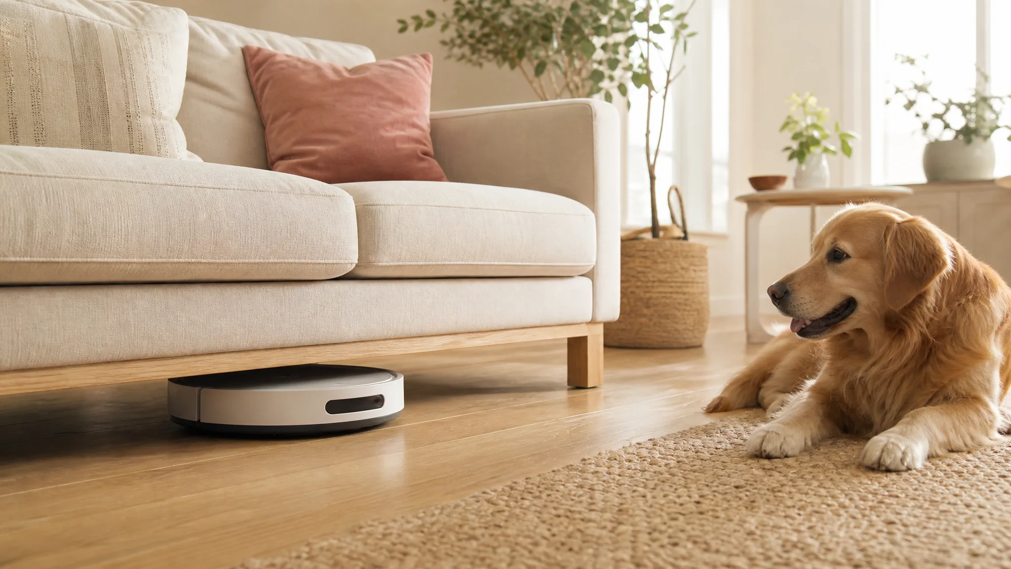 Lefant M210 Pro robot vacuum cleaning under a low sofa in a sunlit living room with a dog resting nearby