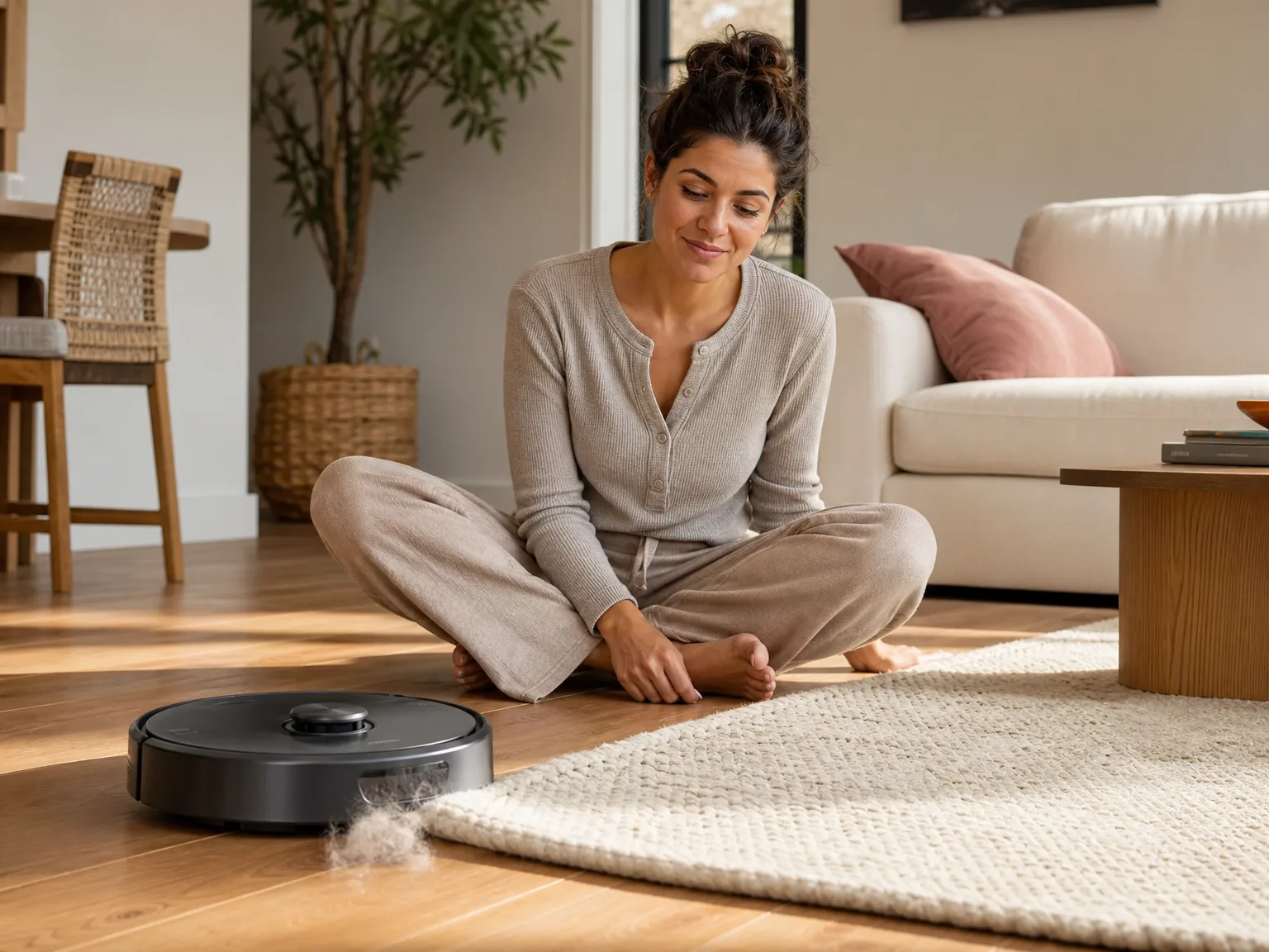 A woman in her early thirties watching a robot vacuum scatter debris at the edge of a woven rug in a bright modern living room