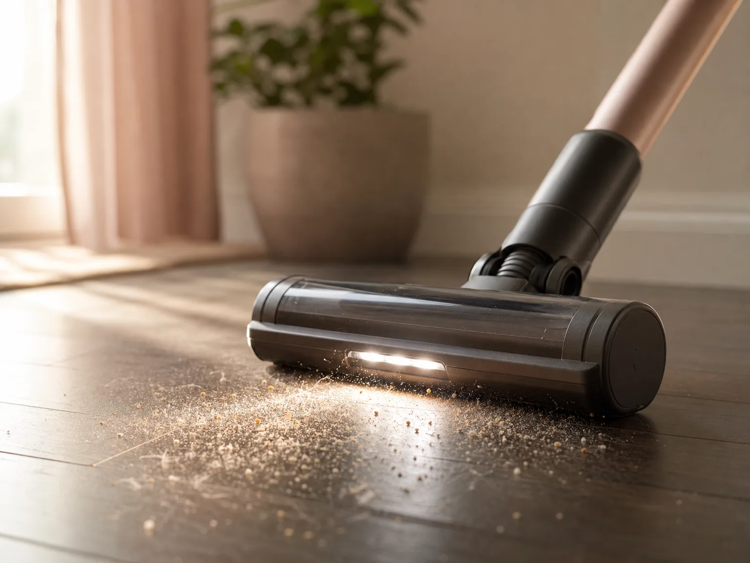 Close-up of a cordless stick vacuum brush head with front light illuminating dust on dark hardwood