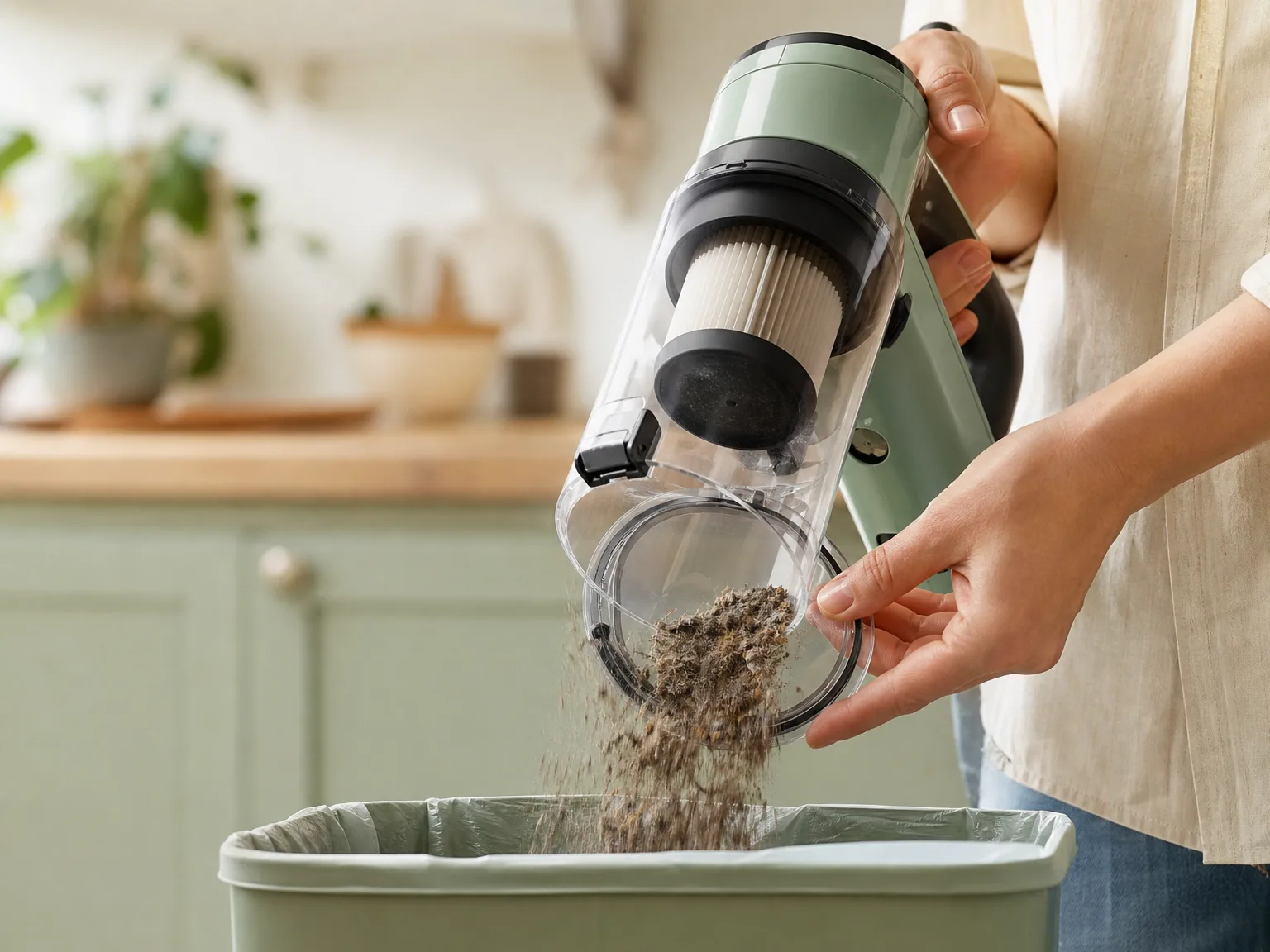 Close-up of a cordless vacuum dust bin and filter housing being emptied over a trash can