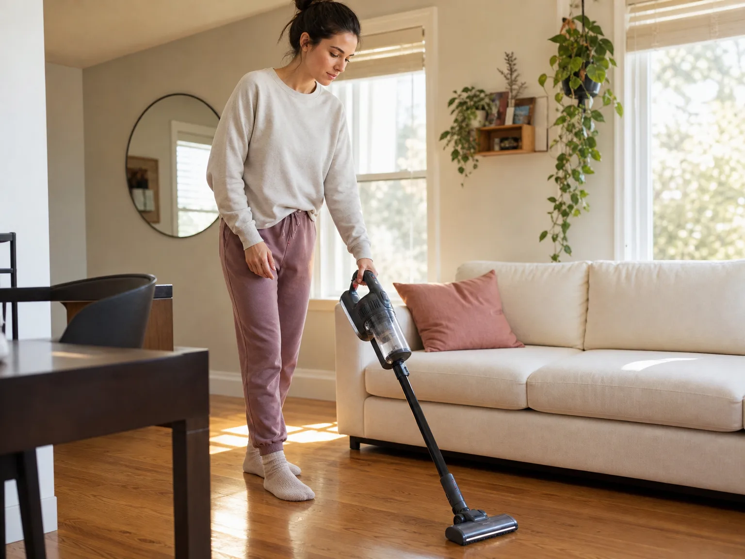 Woman vacuuming hardwood floors in a small sunlit apartment with a lightweight cordless stick vacuum