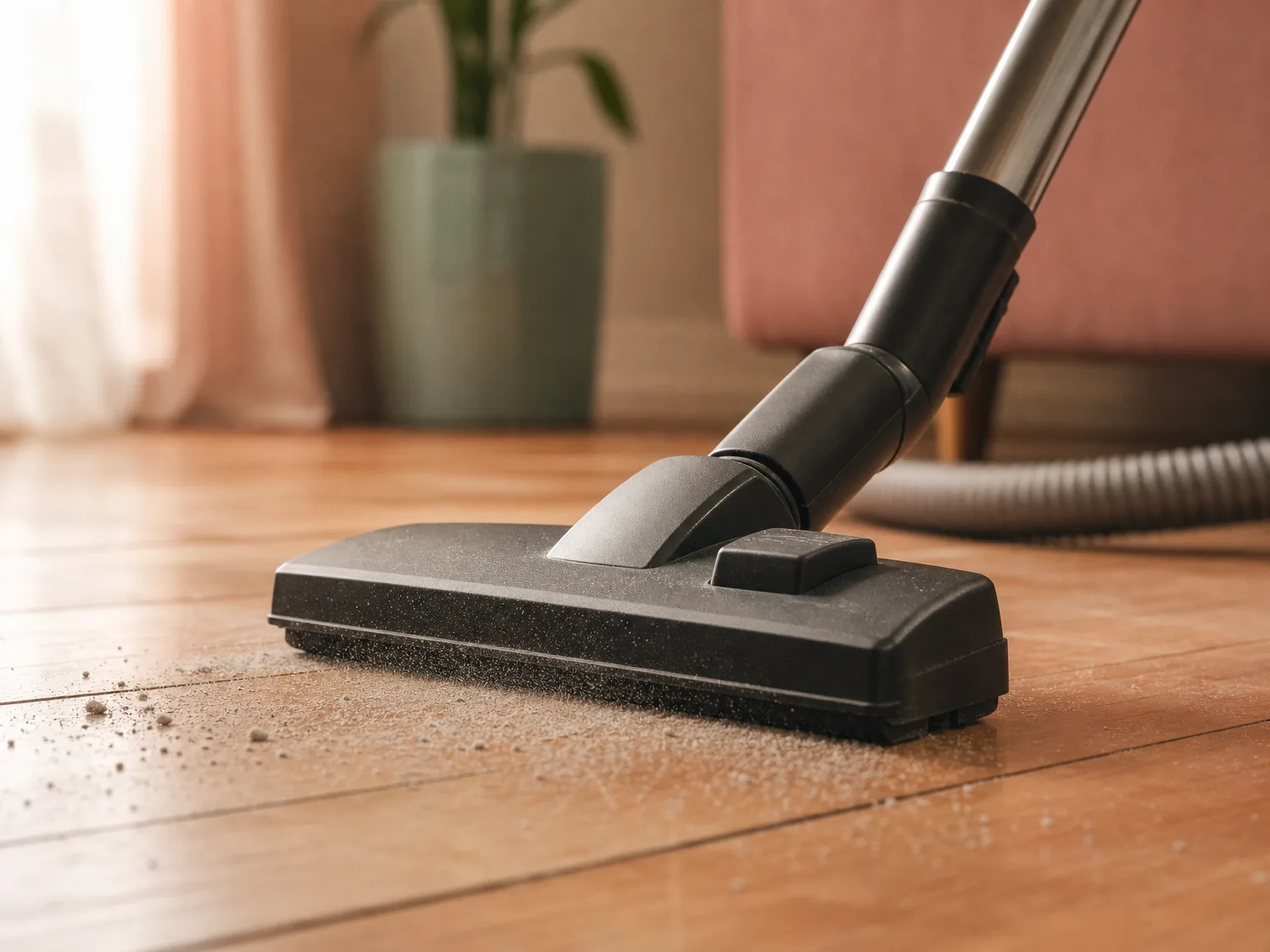 Close-up of a bagged canister vacuum floor head pulling fine dust from warm hardwood