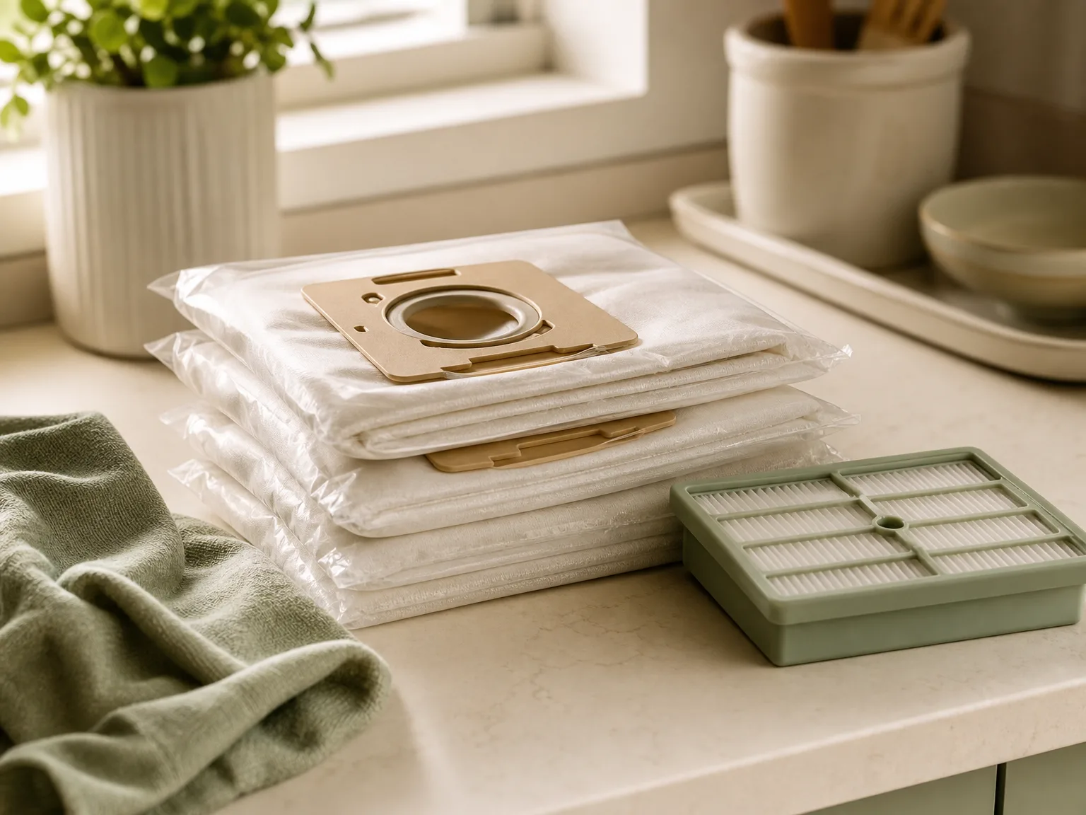 Close-up of a canister vacuum bag collar and filter area beside replacement bags on a counter