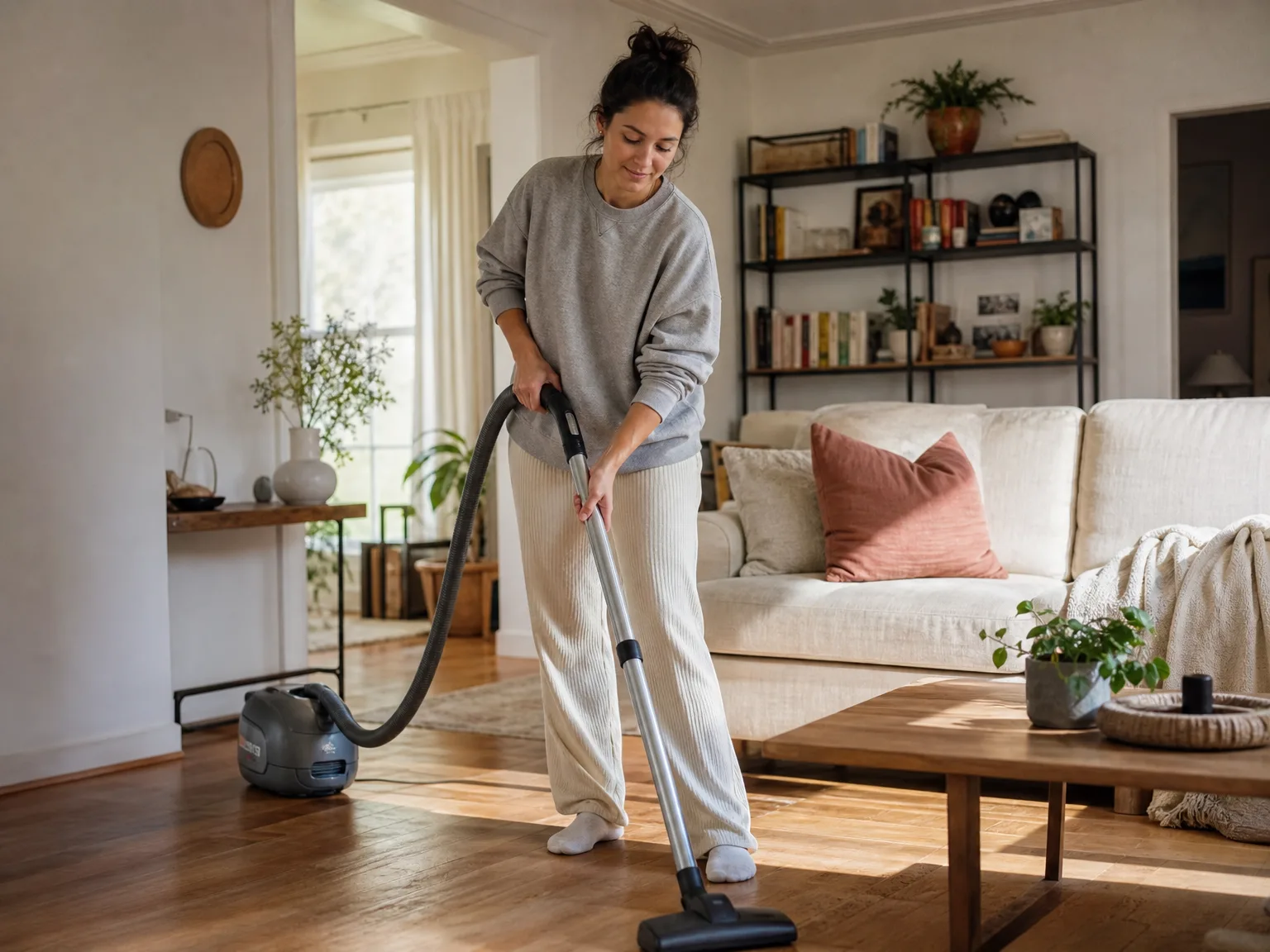 Woman guiding a graphite grey canister vacuum across sunlit hardwood in a lived-in living room