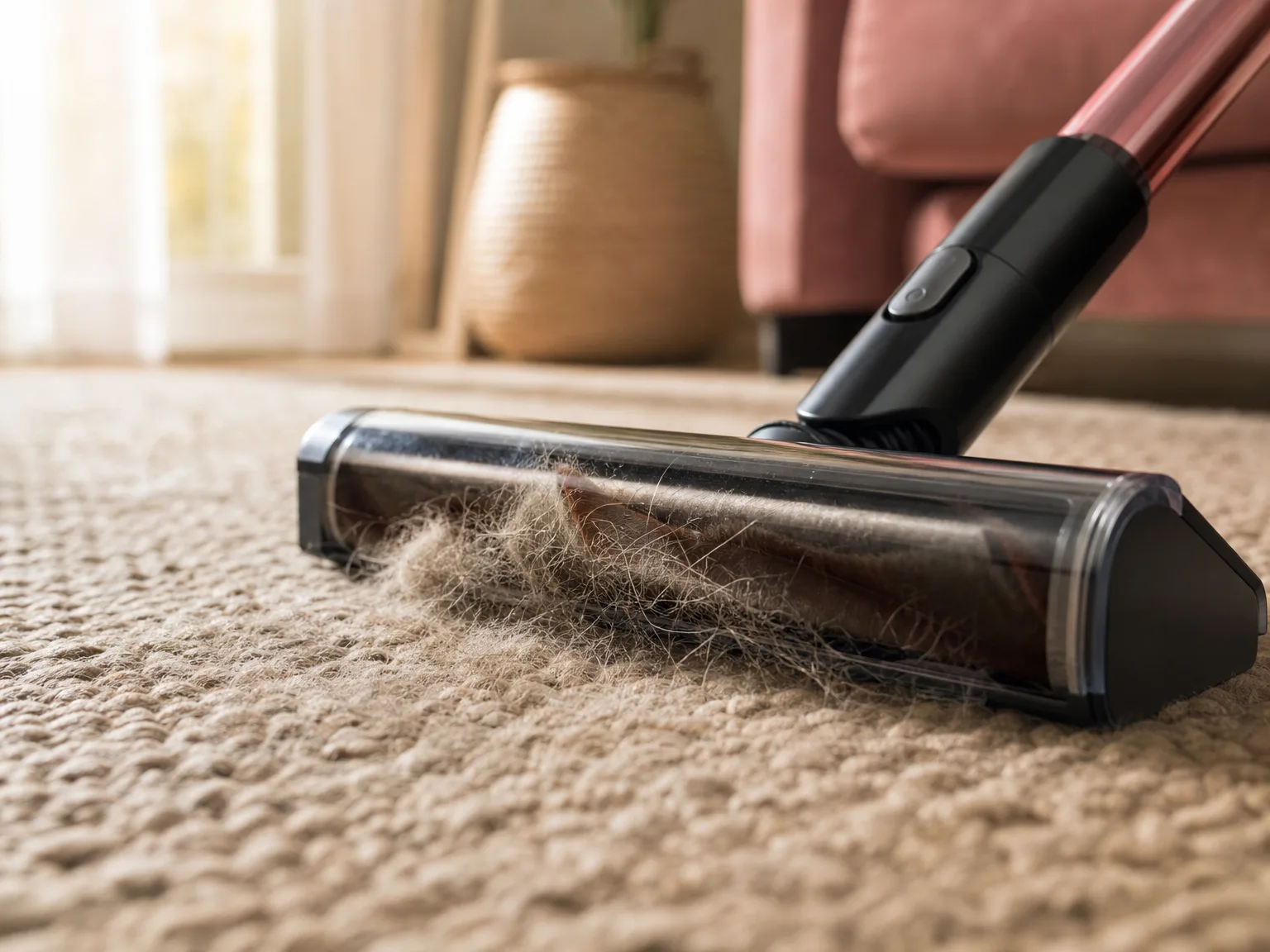 Close-up of the anti-tangle brush head lifting visible pet hair from a beige rug, warm afternoon light