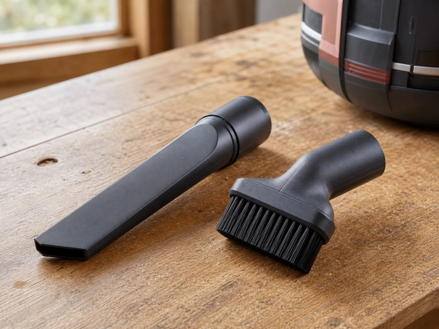 Close-up of the Milwaukee M18FPOVCL nozzle attachments and compact body on a wooden workbench
