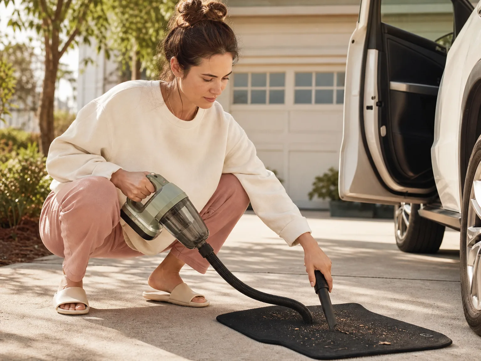 A woman in her early thirties using a cordless shop vac to vacuum a car floor mat in a driveway on a sunny afternoon