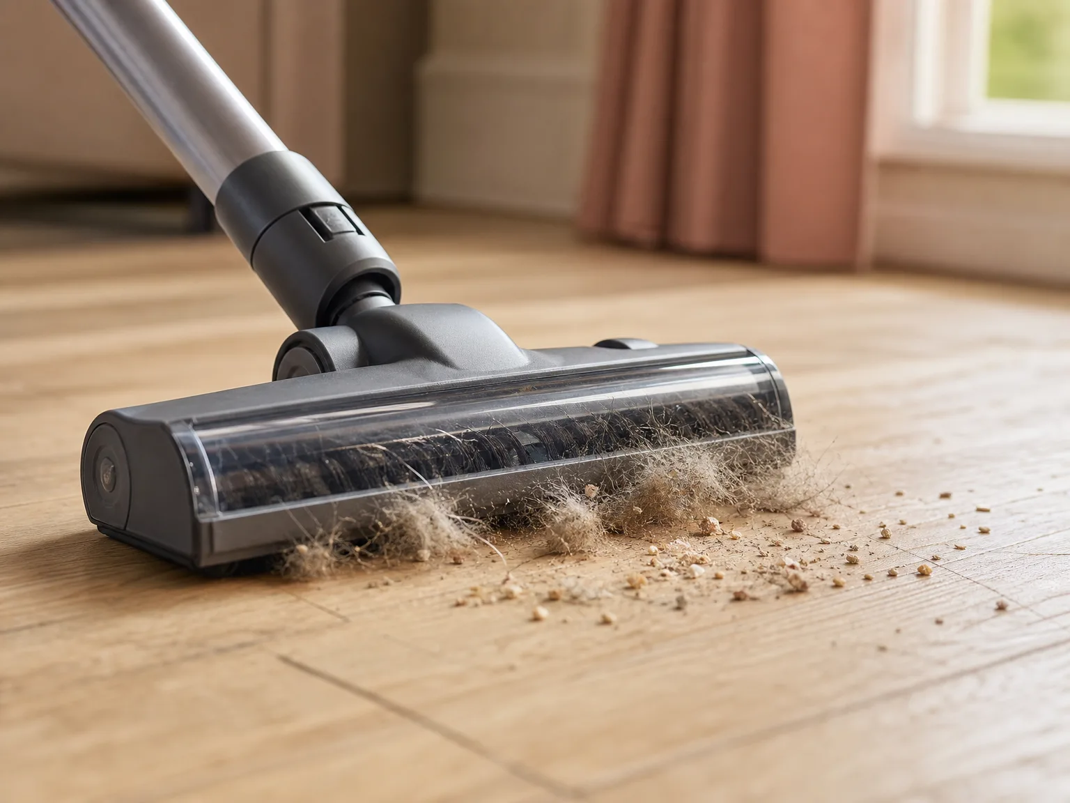 Close-up of a vacuum brush head lifting visible pet hair and debris from a hardwood floor, side angle with natural window light