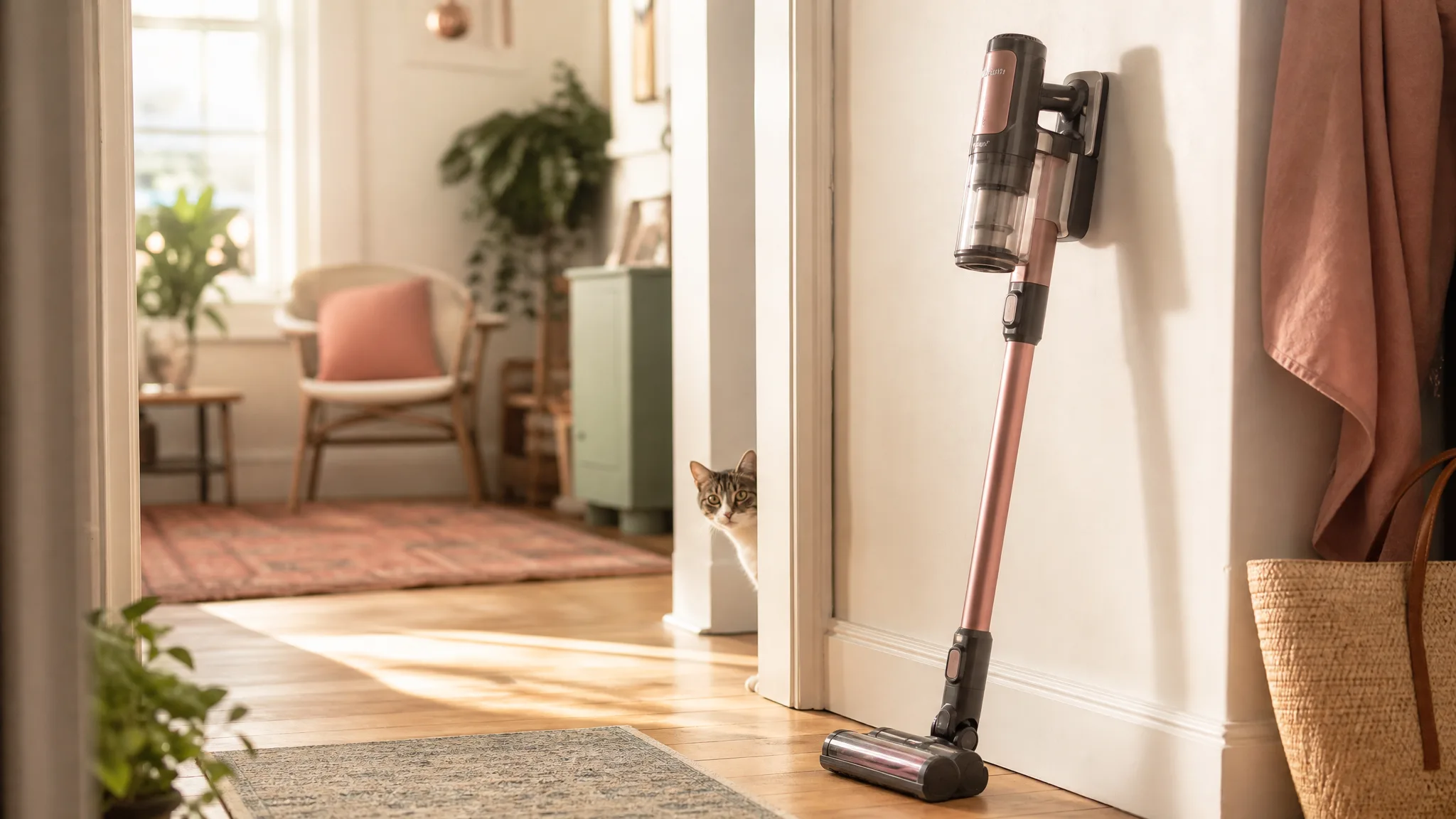 A cordless stick vacuum standing upright on warm hardwood floor in a sunlit living room, a cat lounging on a nearby cream sofa