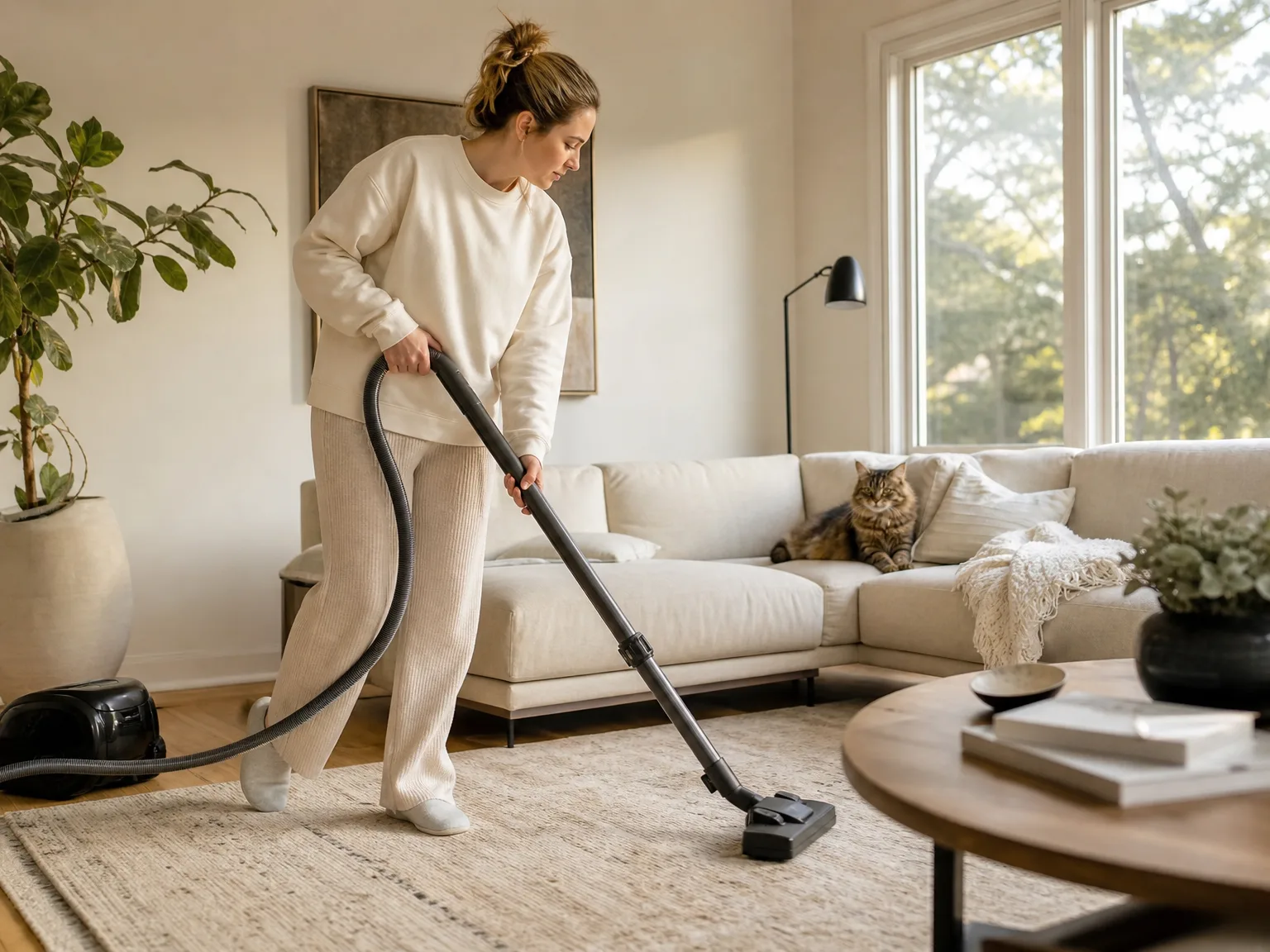 A woman vacuuming a low-pile rug in a bright living room with warm natural light, casual candid composition