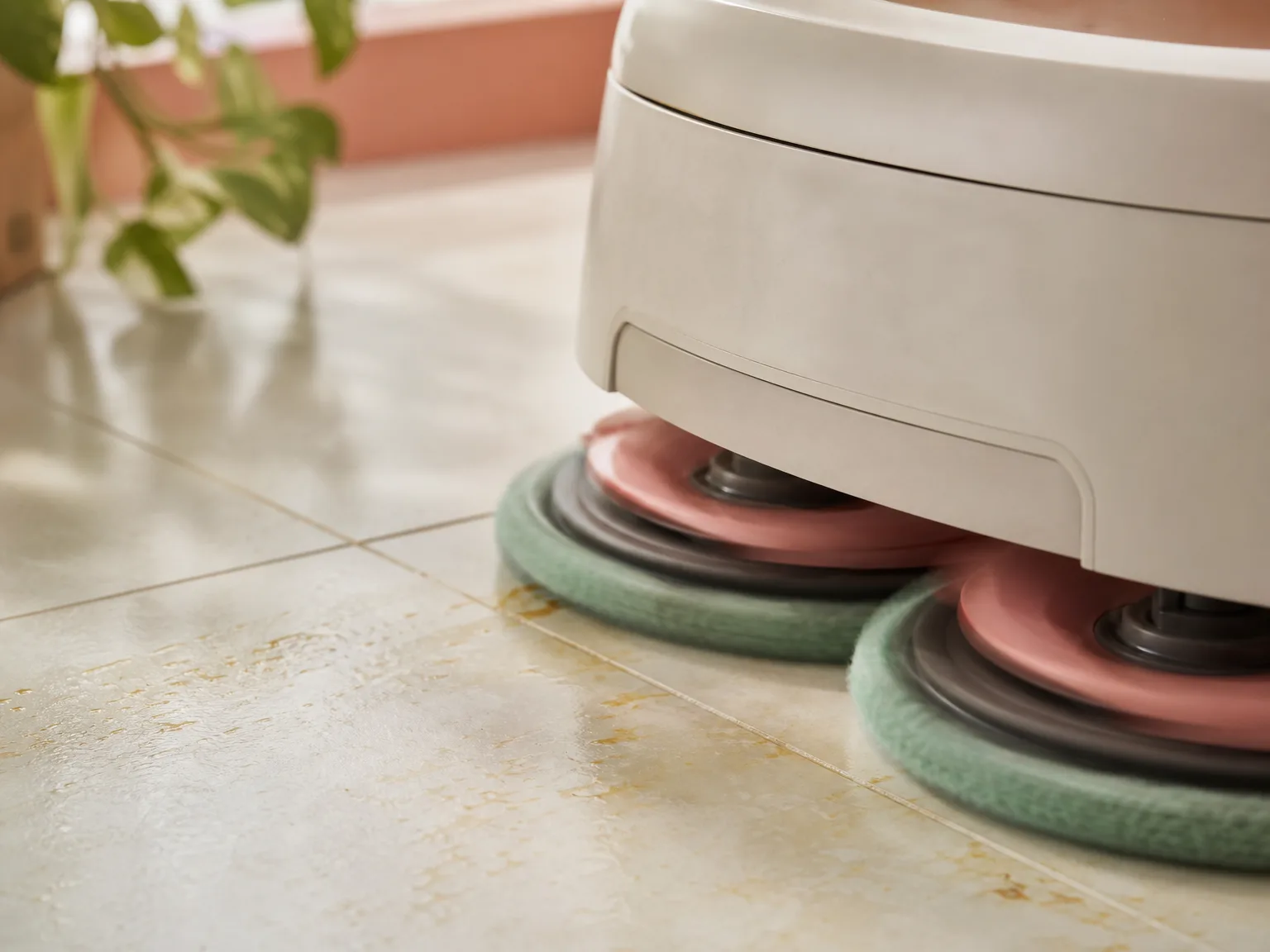 Close-up of dual spinning robot mop pads scrubbing greasy film on warm cream kitchen tile in soft window light