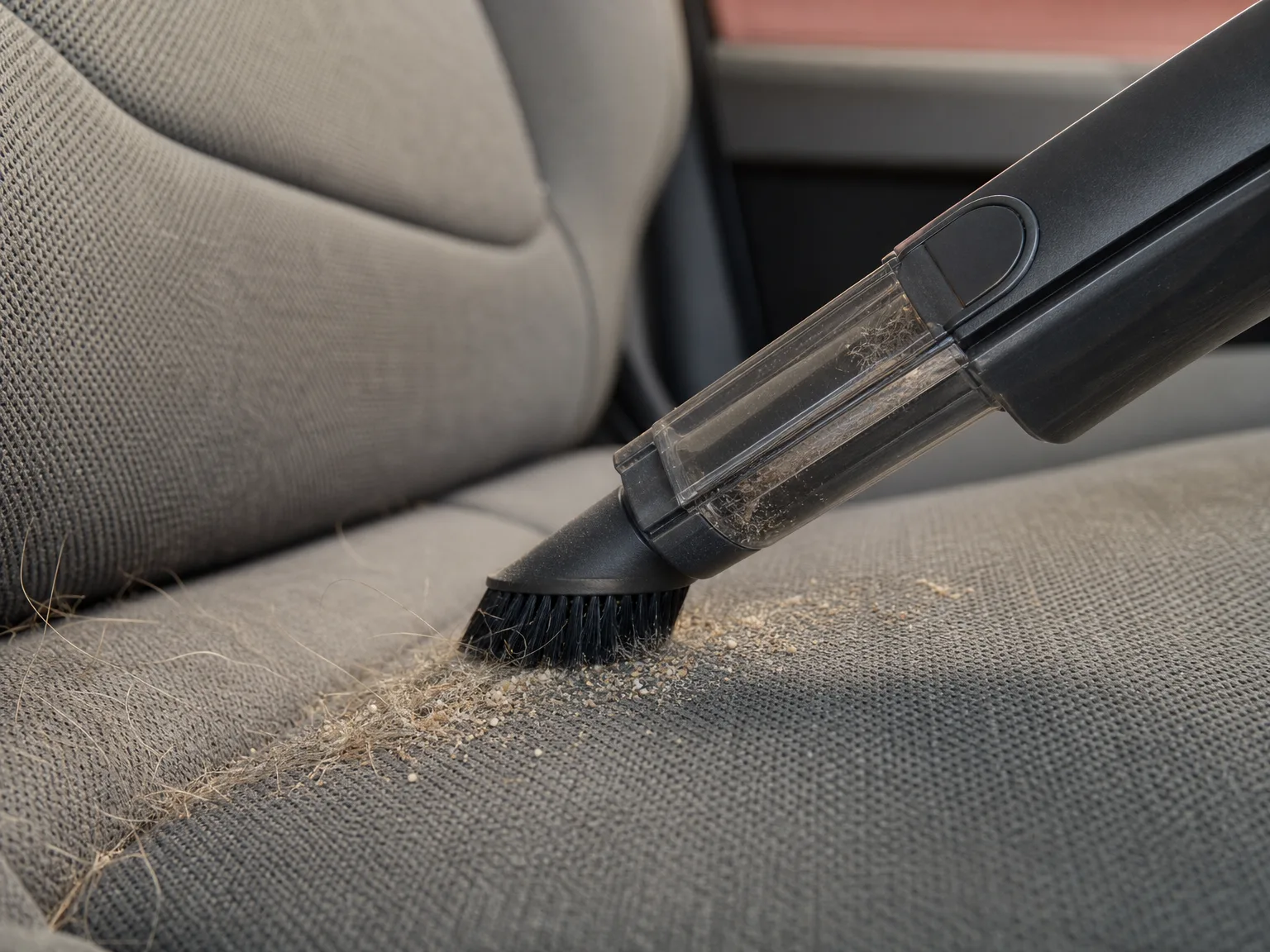 Close-up of a small handheld vacuum nozzle lifting dog hair and sand out of the seam of a gray fabric car seat in warm daylight