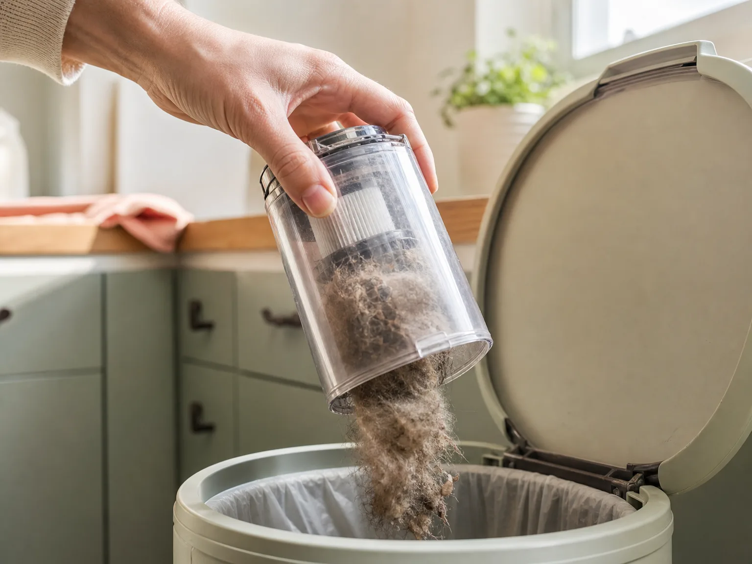 Hand opening the clear dust cup of a small cordless handheld vacuum over a trash bin, the cup packed full of pet hair and grit