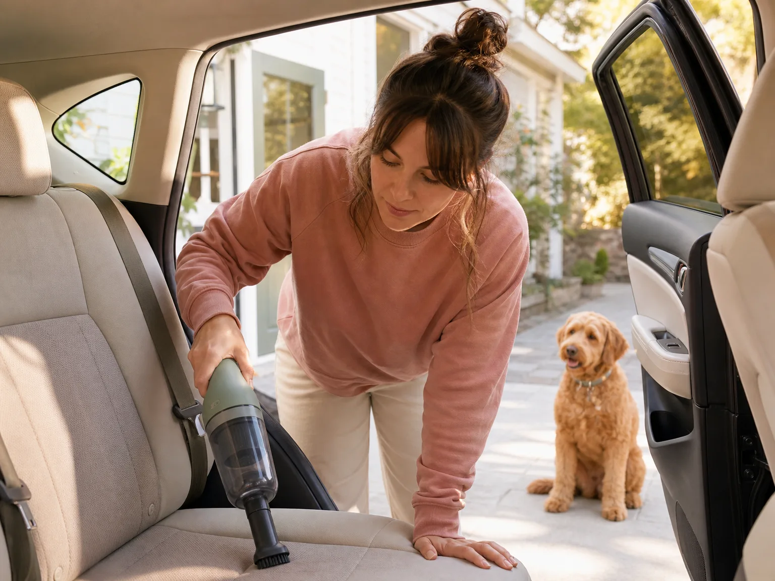 Woman in casual clothes leaning into an open car back seat with a small cordless handheld vacuum, dog waiting on the driveway in morning light