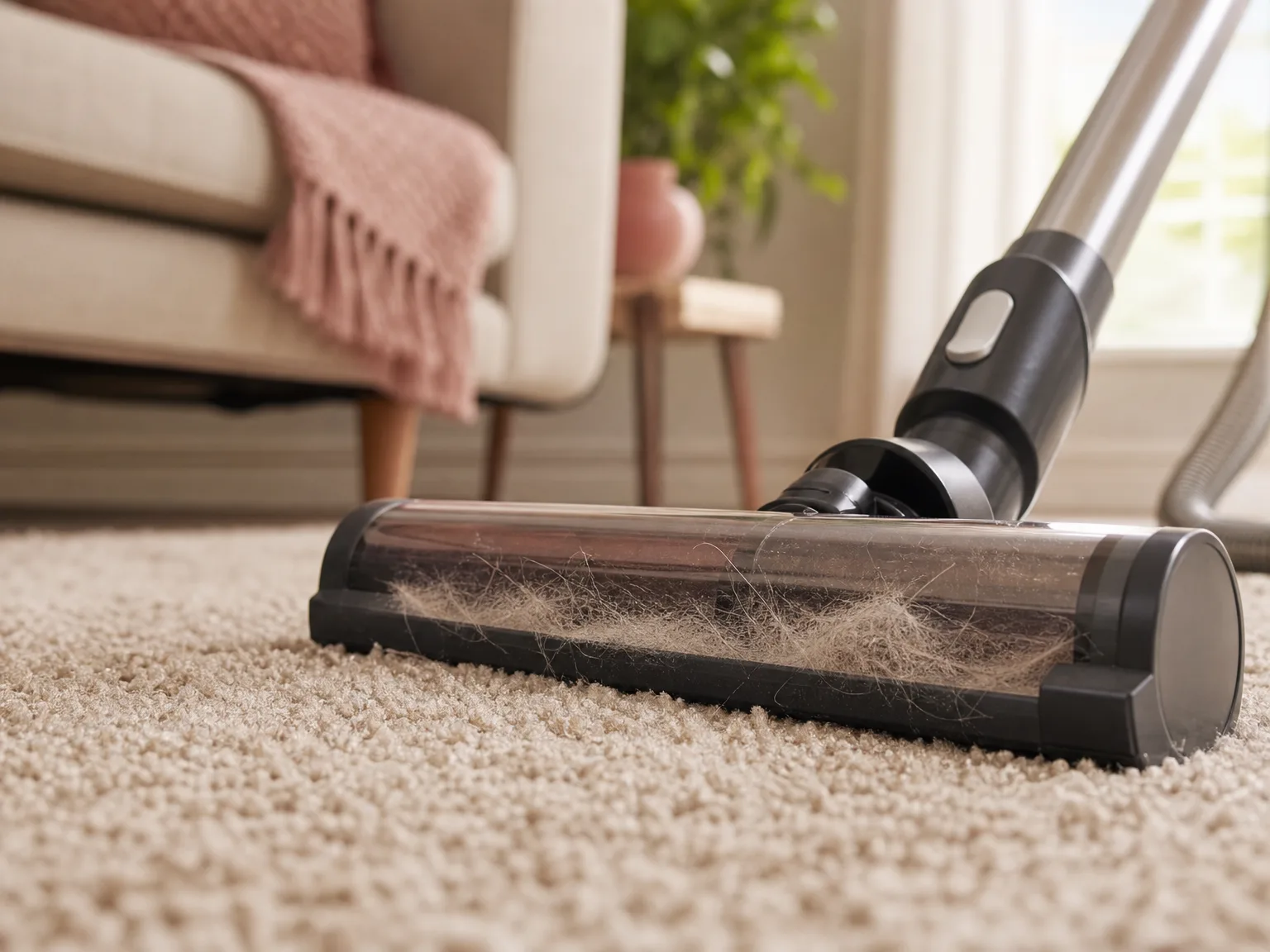 Close-up of a lightweight upright vacuum brush head lifting pet hair from a medium-pile living room carpet