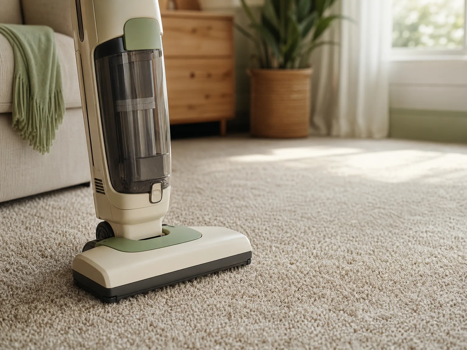 Close-up of a slim upright vacuum base on carpet with no hose or wand attachments nearby