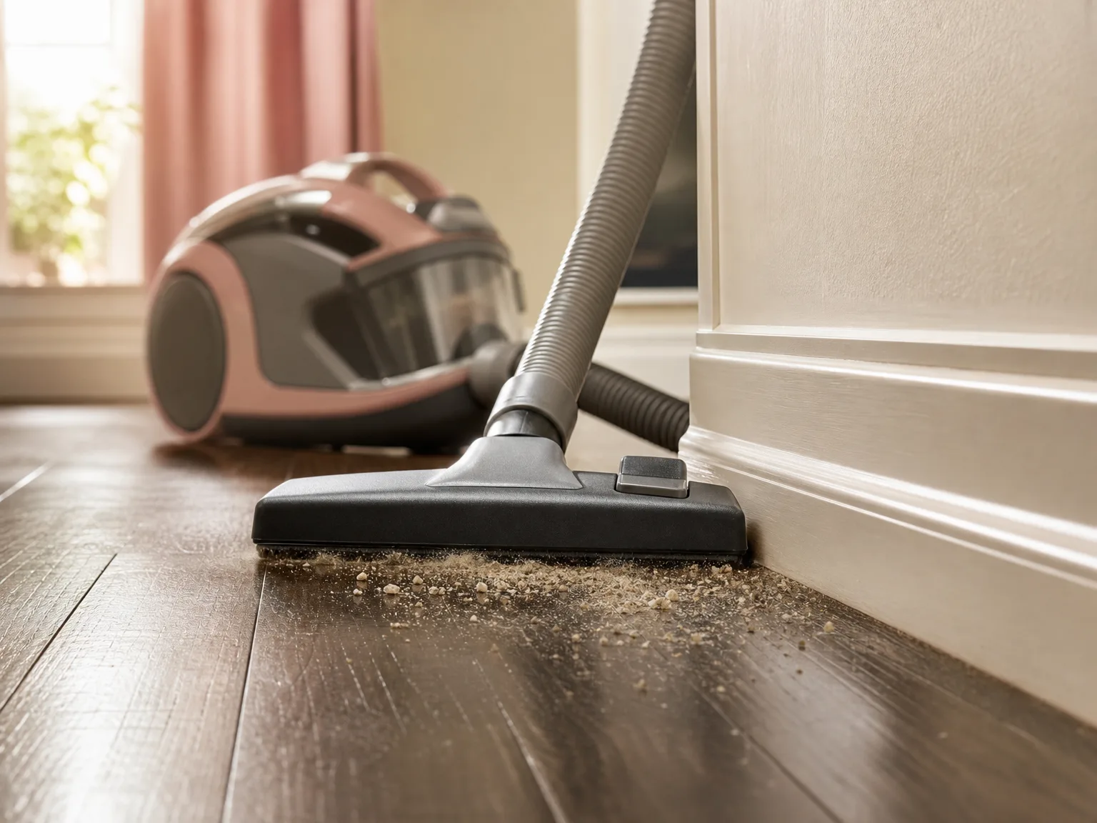 Close-up of a compact canister vacuum hose pulling grit from dark hardwood near a baseboard