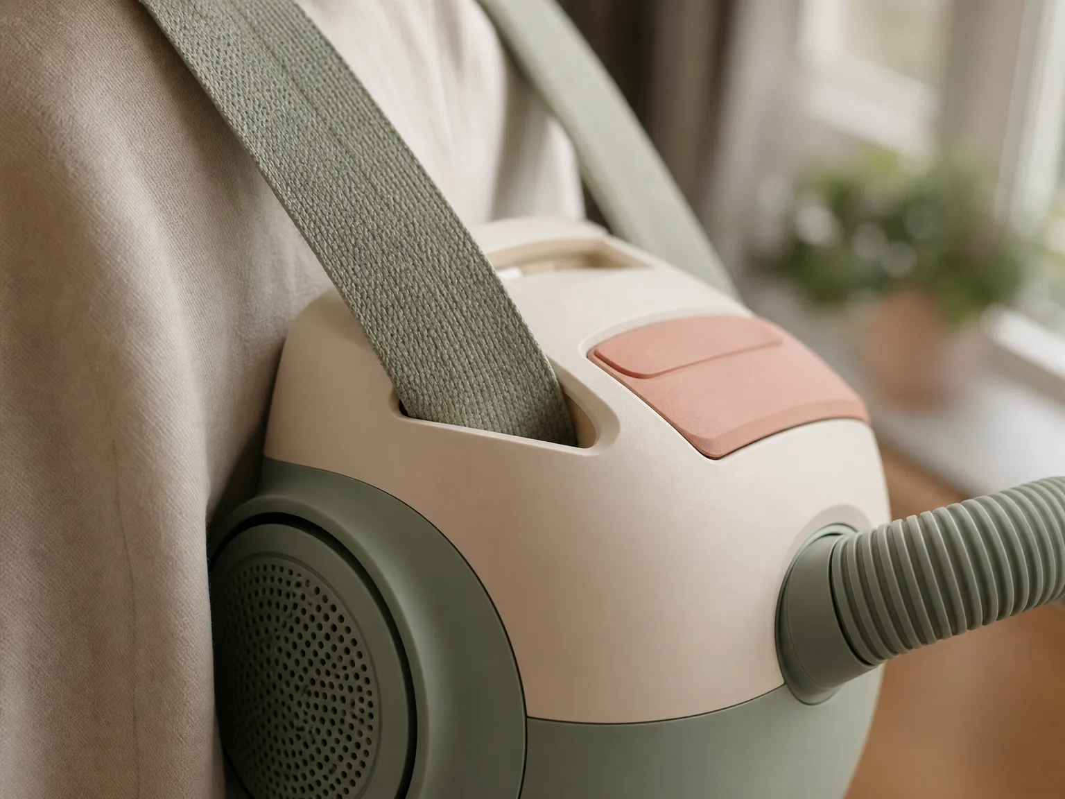 Close-up of a canister vacuum shoulder strap threaded through a slot without a locking clip