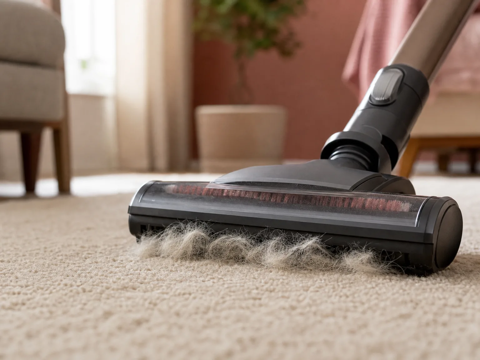 Close-up of the PKWIST vacuum brush head lifting visible pet hair from a beige rug