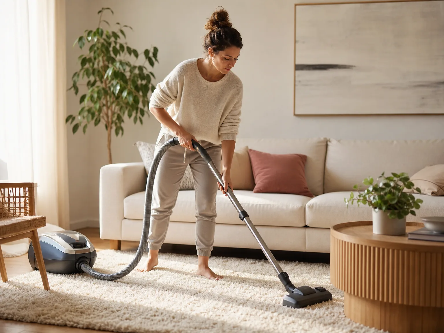 Woman in her early thirties vacuuming a living room rug with the PKWIST cordless vacuum in natural daylight