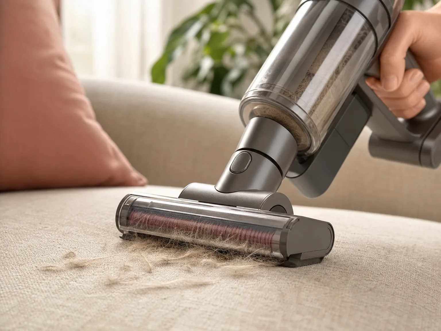 Close-up of a cordless handheld vacuum motorized brush lifting visible pet hair from beige upholstery, warm window light