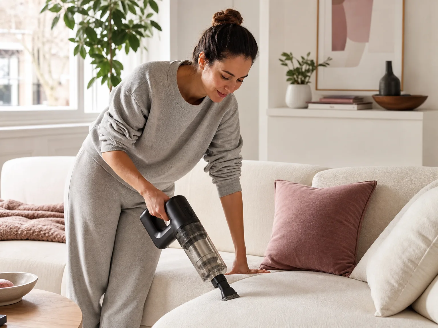 A woman in her early thirties using a cordless handheld vacuum on a cream sofa with pet hair in a sunlit living room