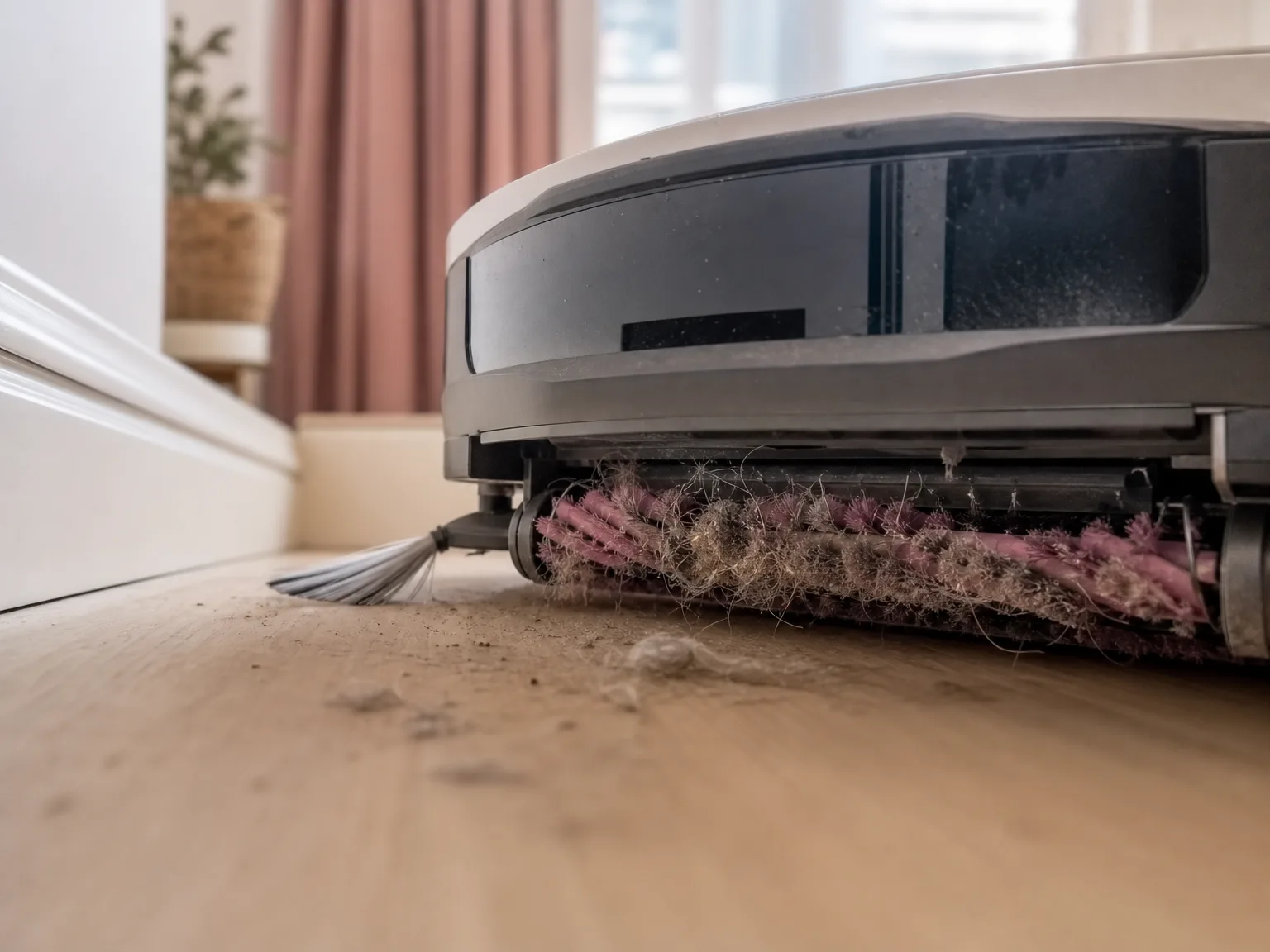 Close-up of a robot vacuum brush lifting pet hair from a hard floor, side angle with warm window light