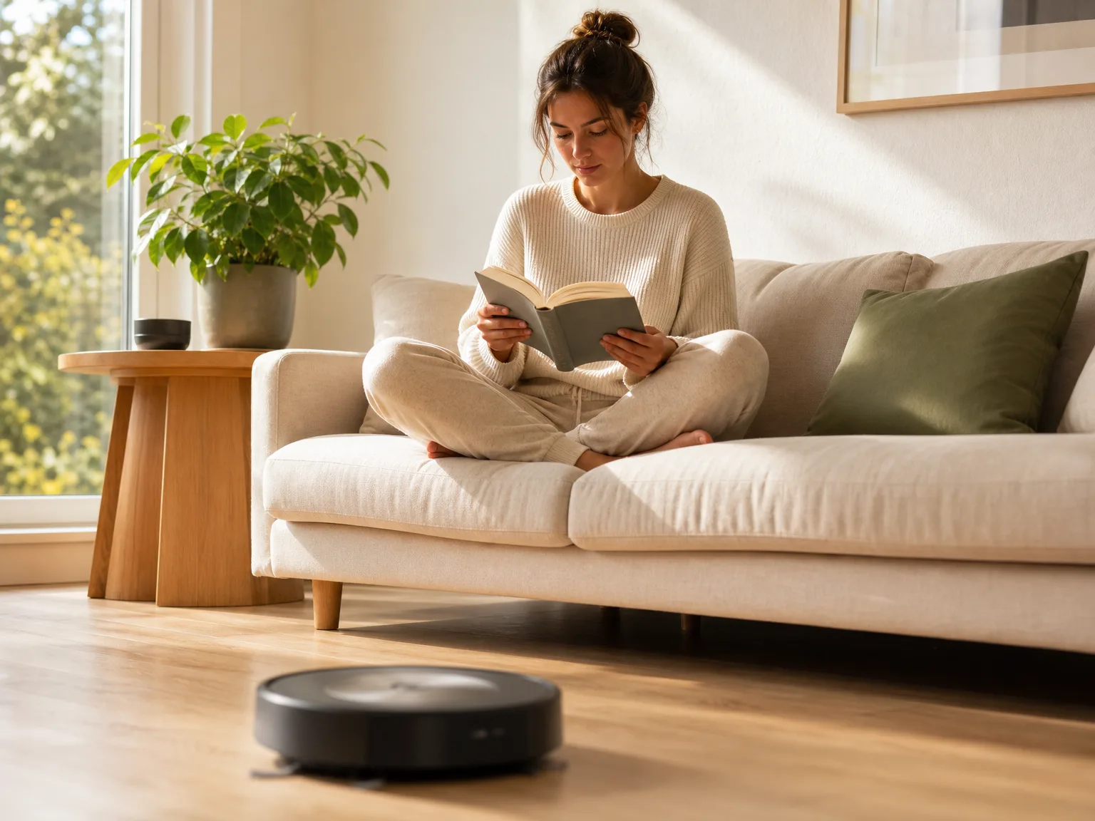 A woman in her early thirties relaxing on a cream sofa while a robot vacuum cleans the hardwood floor in a sunlit living room