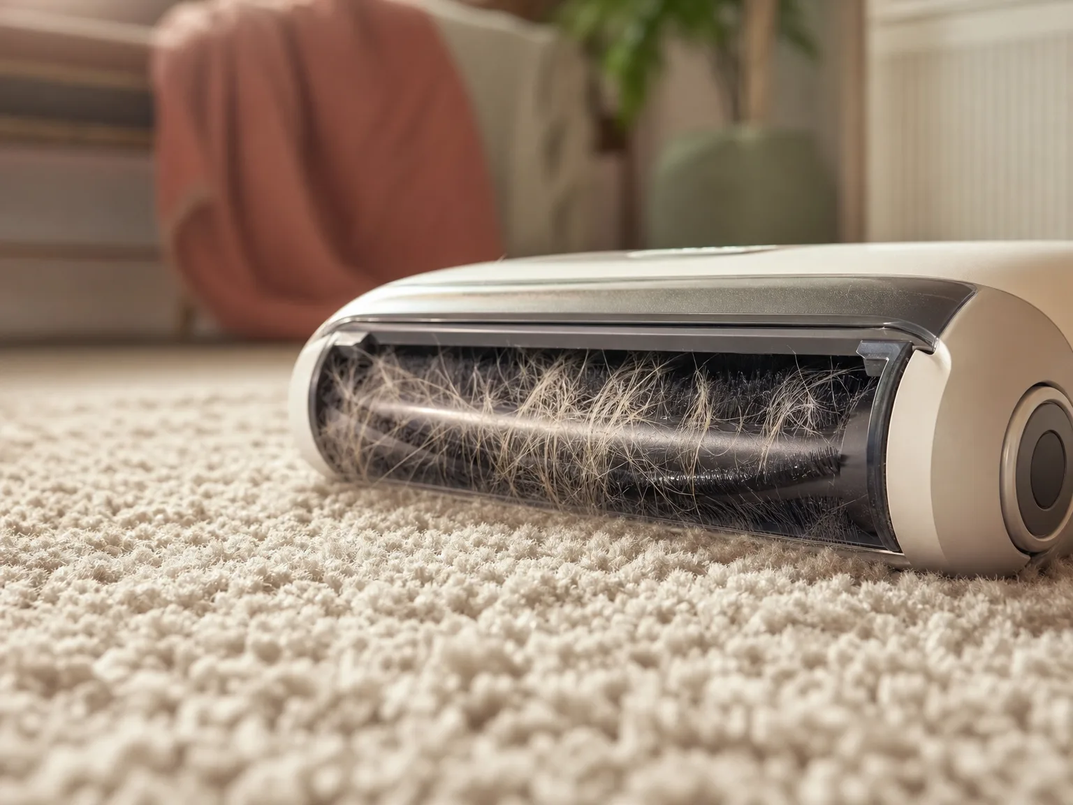 Close-up of a robot vacuum brush head lifting pet hair from a beige rug in warm window light