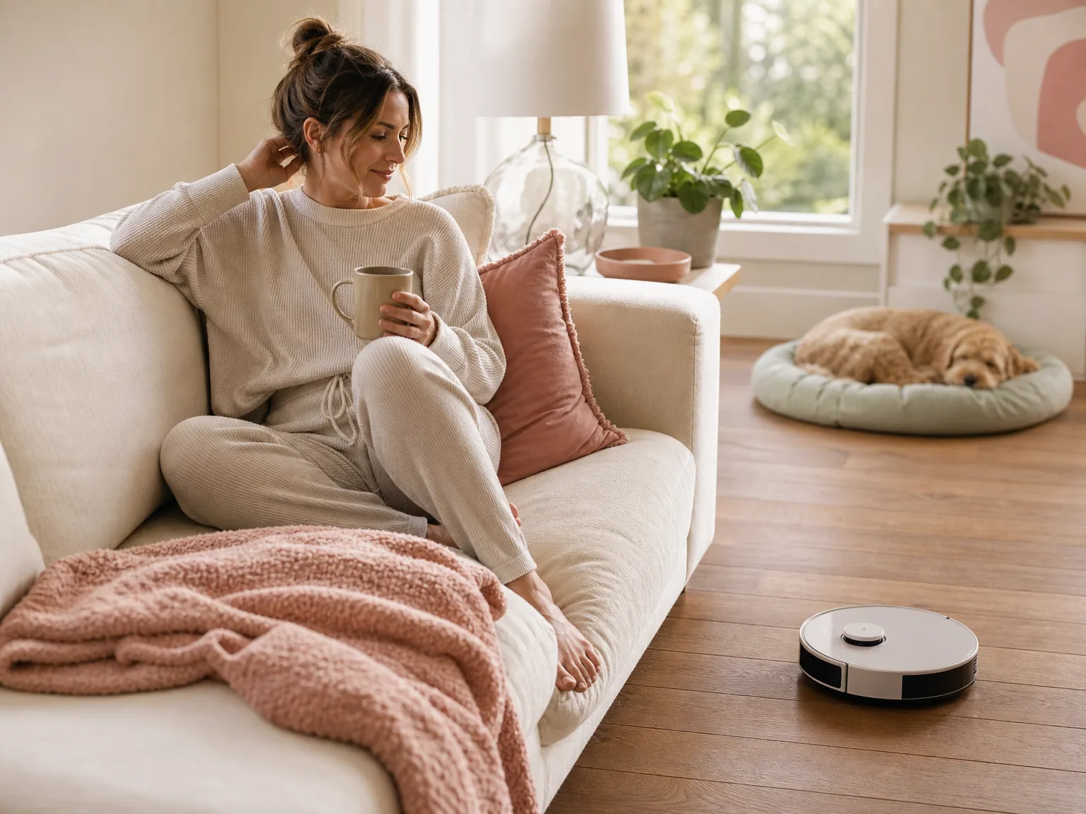A woman in a sunlit living room while a robot vacuum cleans hardwood near a cream sofa and pet bed