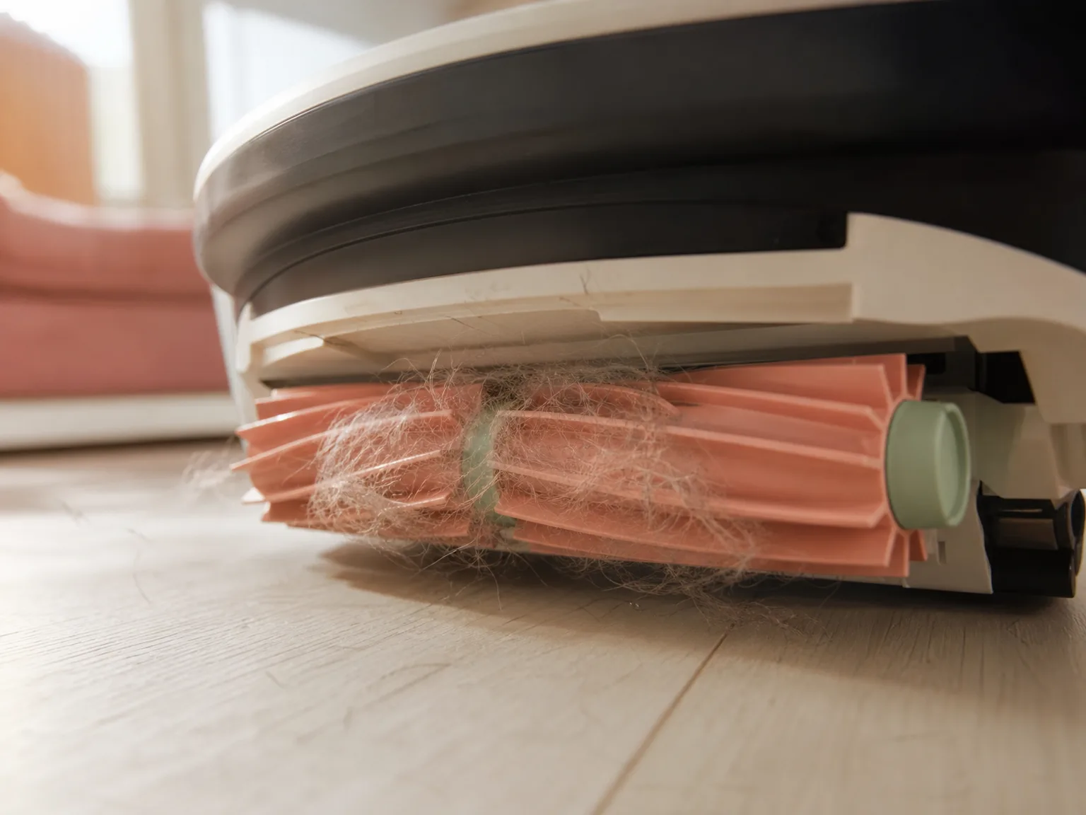 Close-up of a robot vacuum dual anti-tangle brushroll lifting pet hair from cream hardwood in warm window light
