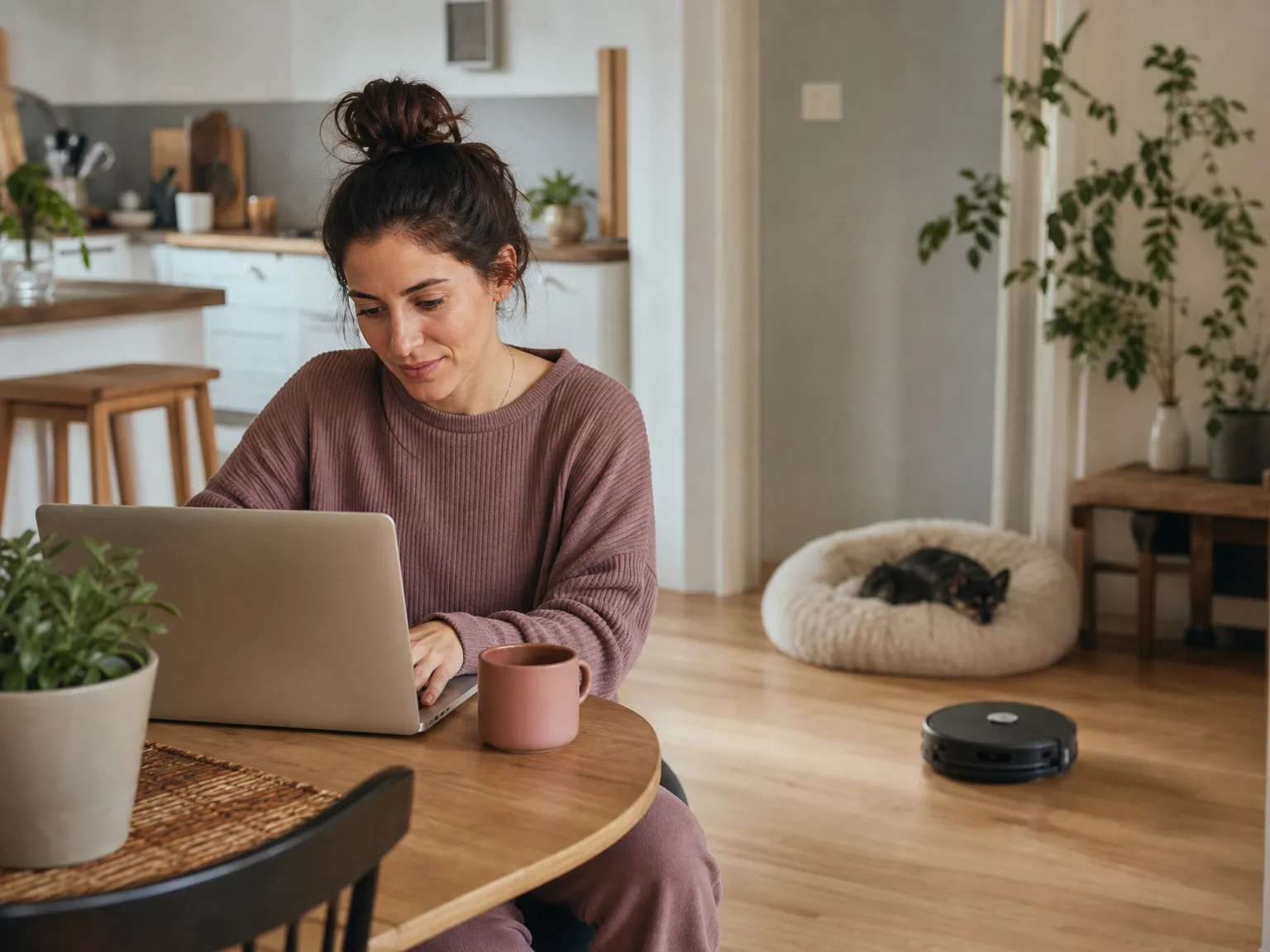 Woman working on a laptop at a kitchen table while a round robot vacuum cleans cream hardwood near a pet bed in warm morning light