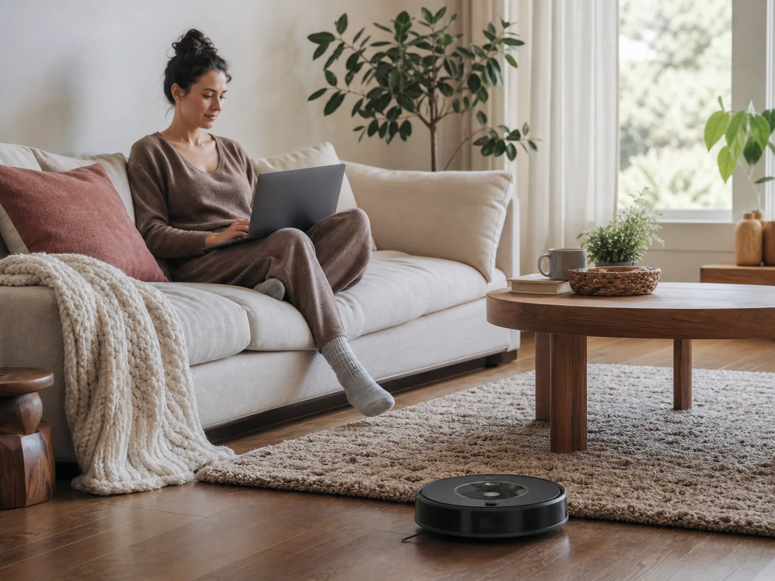 Woman on a cream sofa with a laptop while a robot vacuum cleans near a thick living-room rug in sunlit warm light