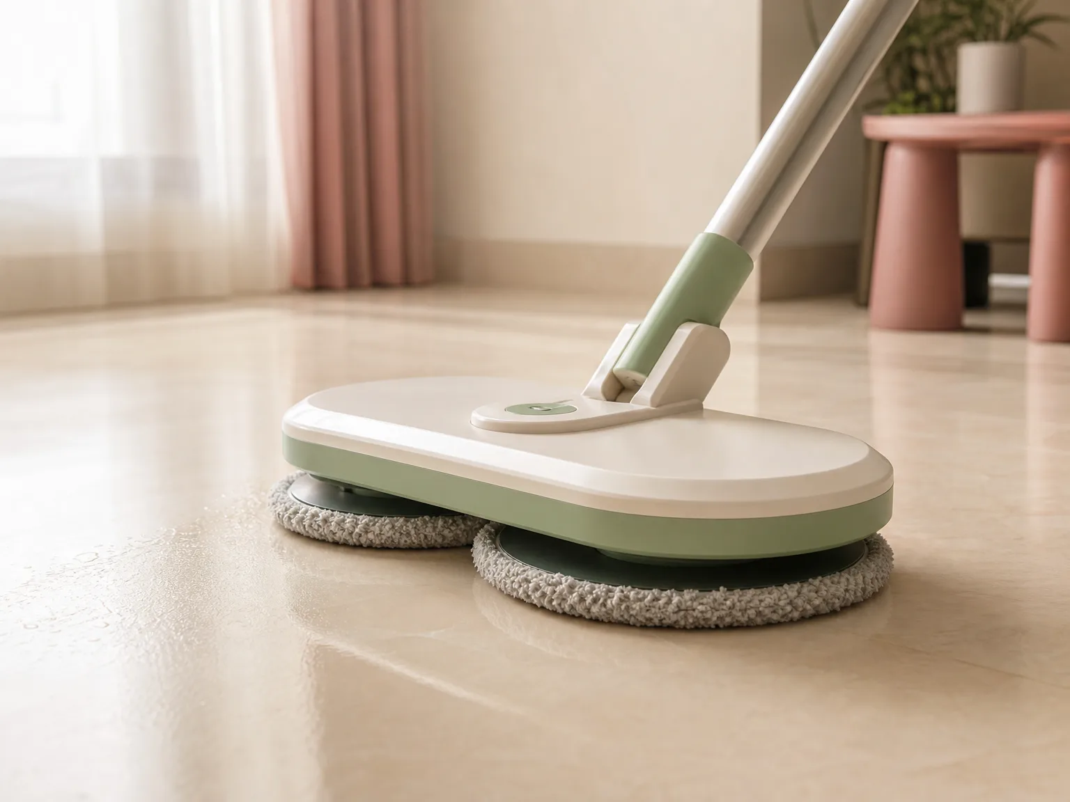 Close-up of dual spinning mop pads on a sealed hard floor with warm window light and a cream palette