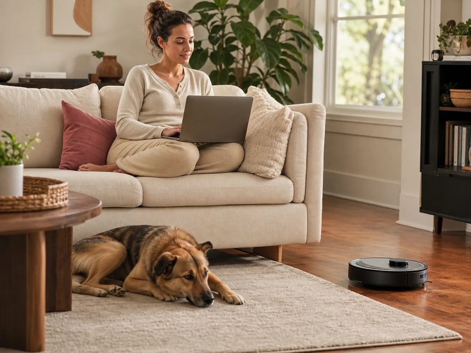 Woman working on a laptop on a cream sofa while a robot vacuum cleans hardwood nearby in a sunlit living room