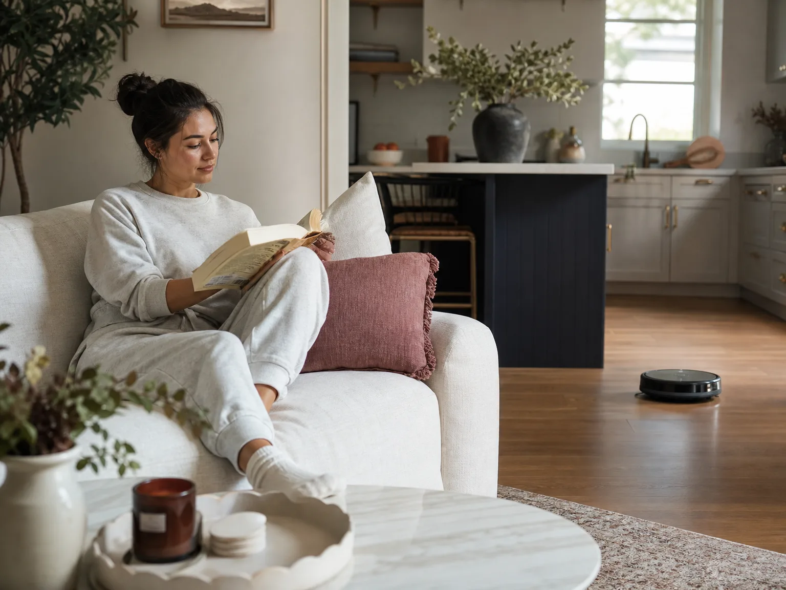 Woman reading on a cream sofa while a robot vacuum mops near kitchen baseboards in a sunlit hard-floor home
