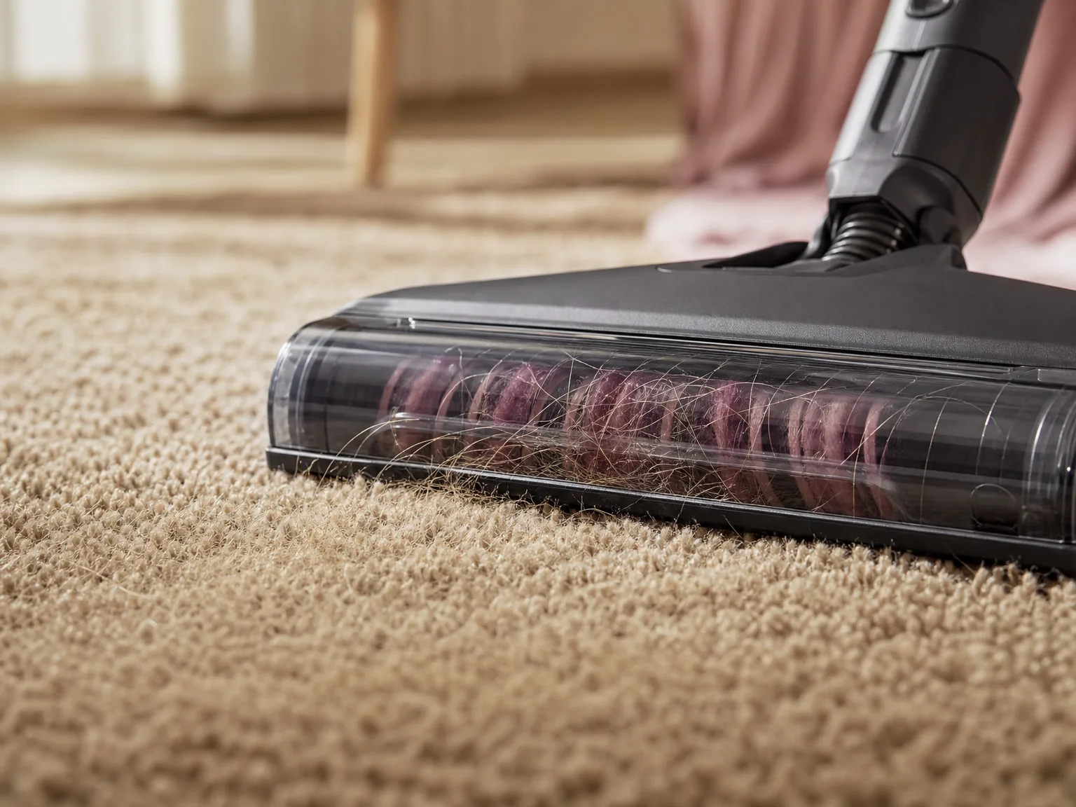 Close-up of the robot vacuum brush head lifting visible pet hair from a beige medium-pile rug, warm natural window light