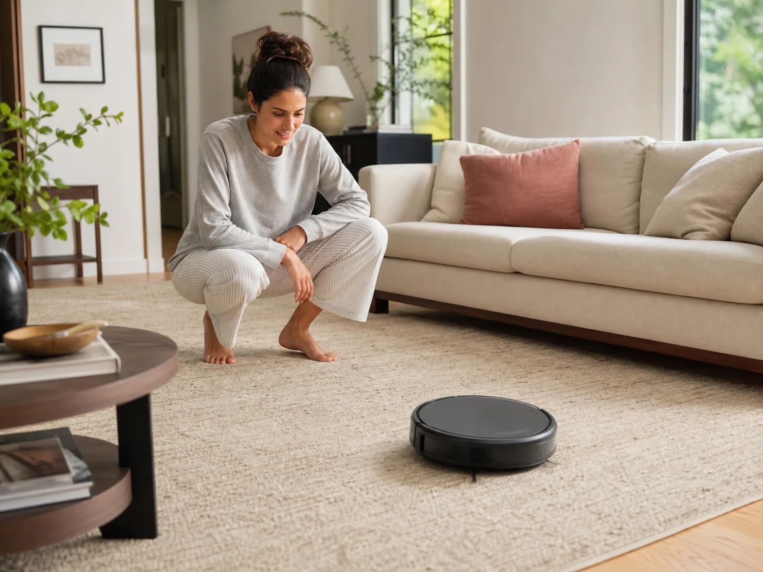 A woman in her early thirties in casual clothes watching a robot vacuum clean a living room rug, warm sunlit interior with cream and dusty rose decor