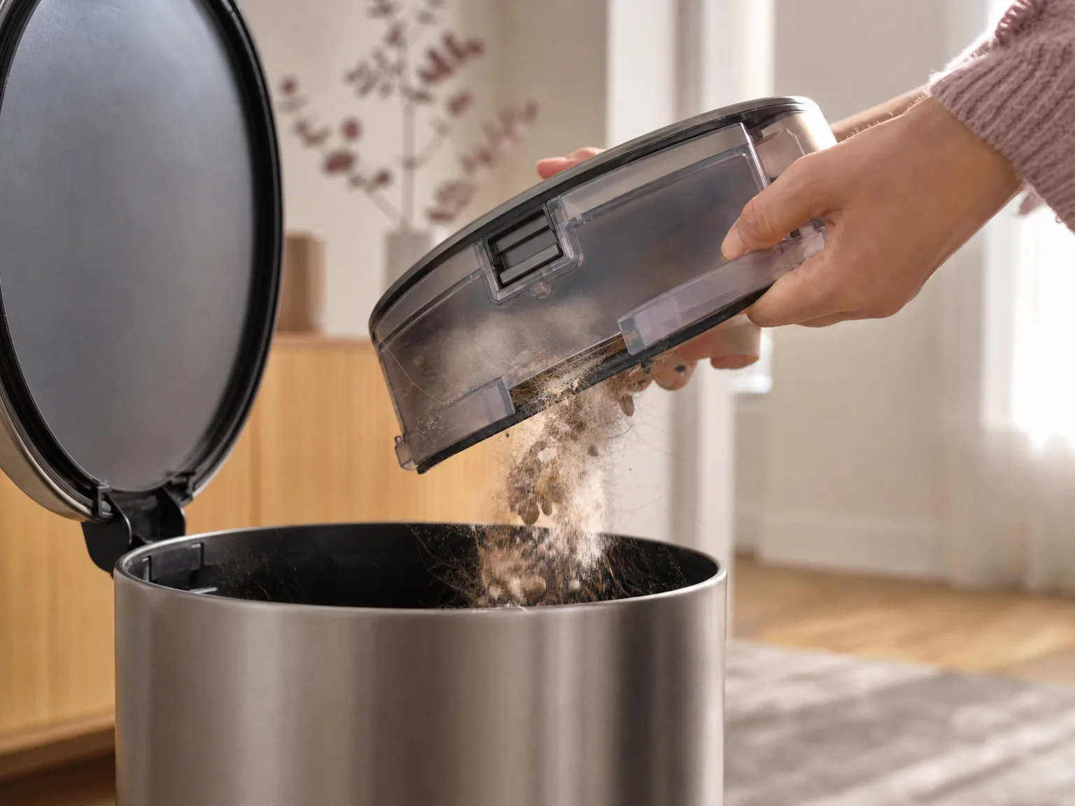 Close-up of the Roborock S5 Max dustbin being emptied over a trash can, visible debris inside