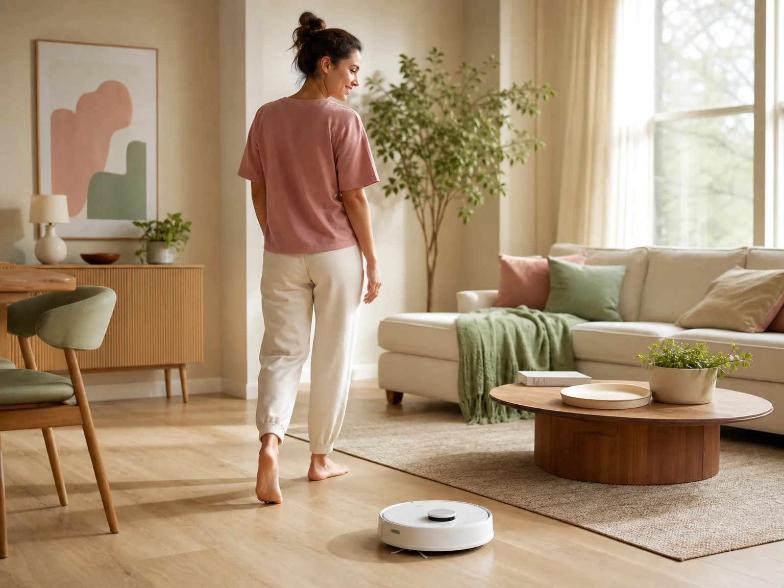Roborock S5 Max cleaning a living room with hardwood floors and an area rug, warm natural light from windows