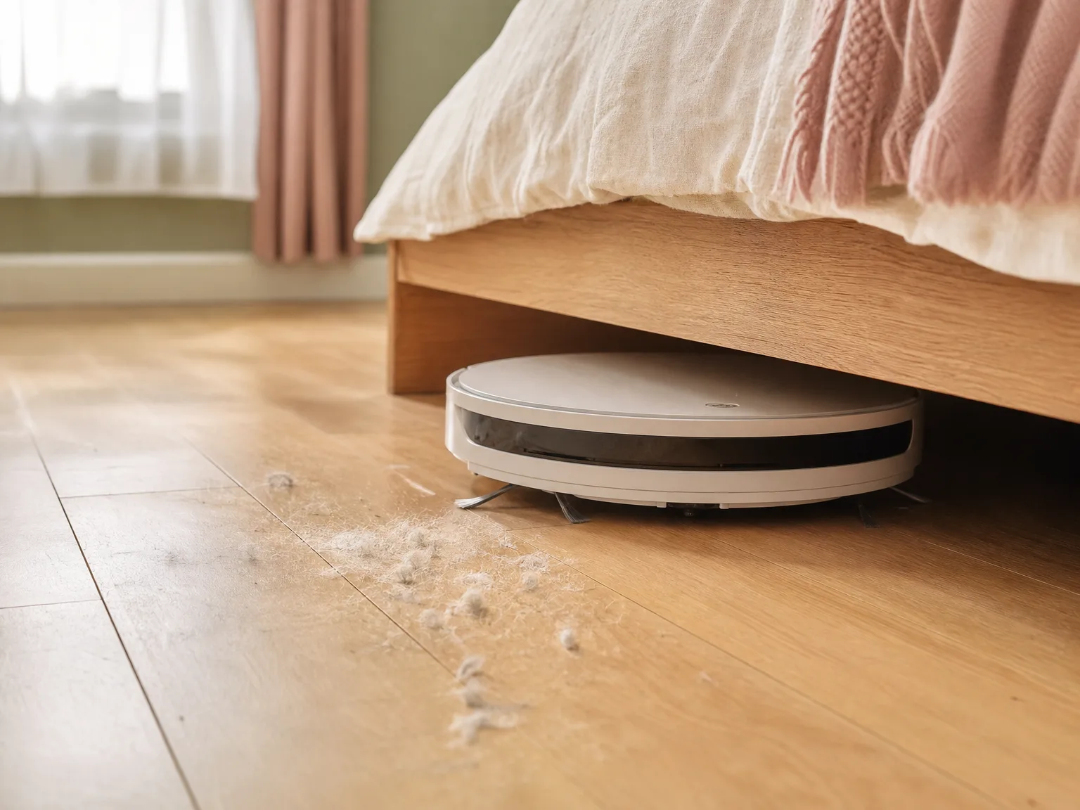Close-up of a slim robot vacuum sliding under a low bed frame on warm cream hardwood in soft window light