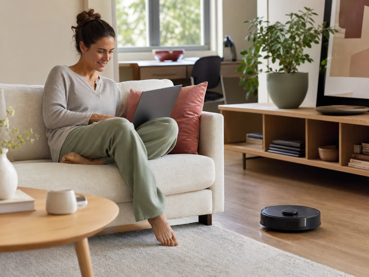 Woman working on a laptop on a cream sofa while a slim robot vacuum cleans hard floors under low furniture in warm sunlit living room