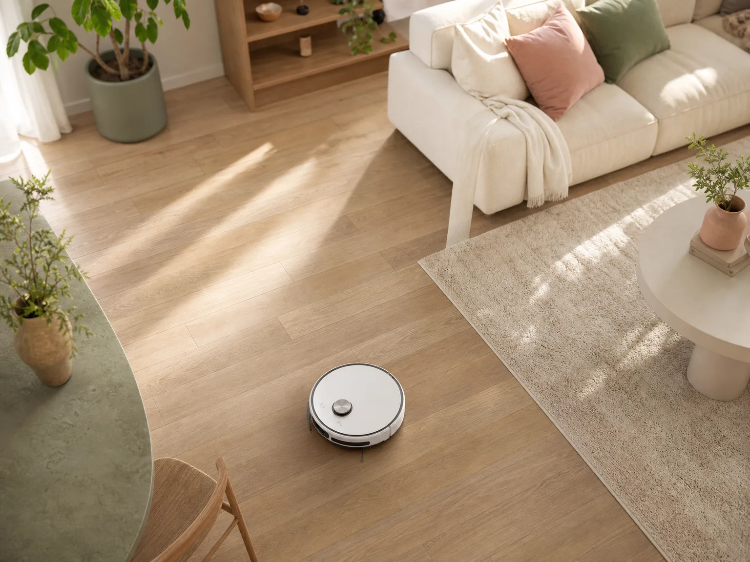 Overhead view of a robot vacuum following neat cleaning rows on sunlit hardwood in an open living room