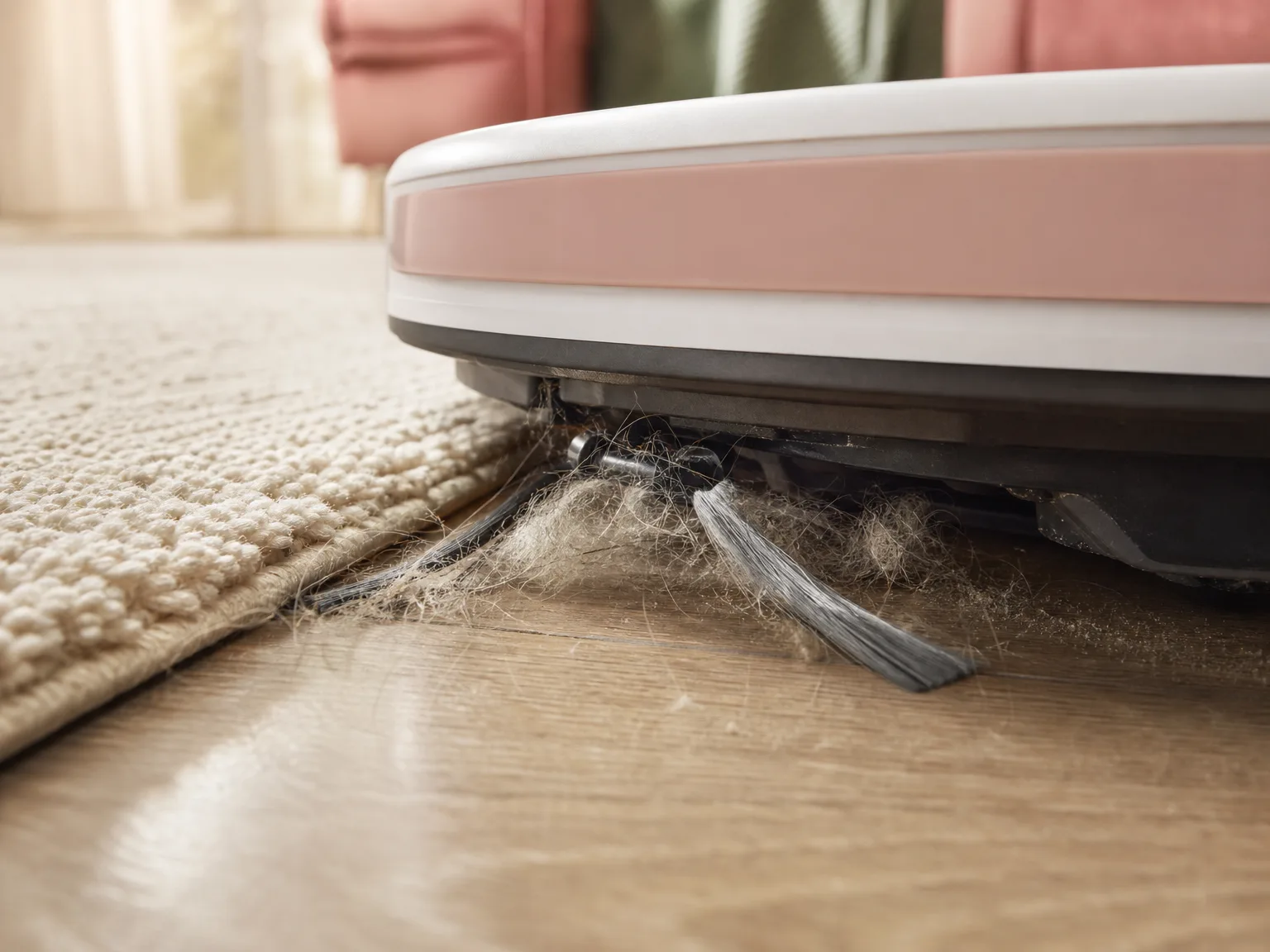Close-up of a robot vacuum brush head lifting pet hair from a hard floor near a rug edge
