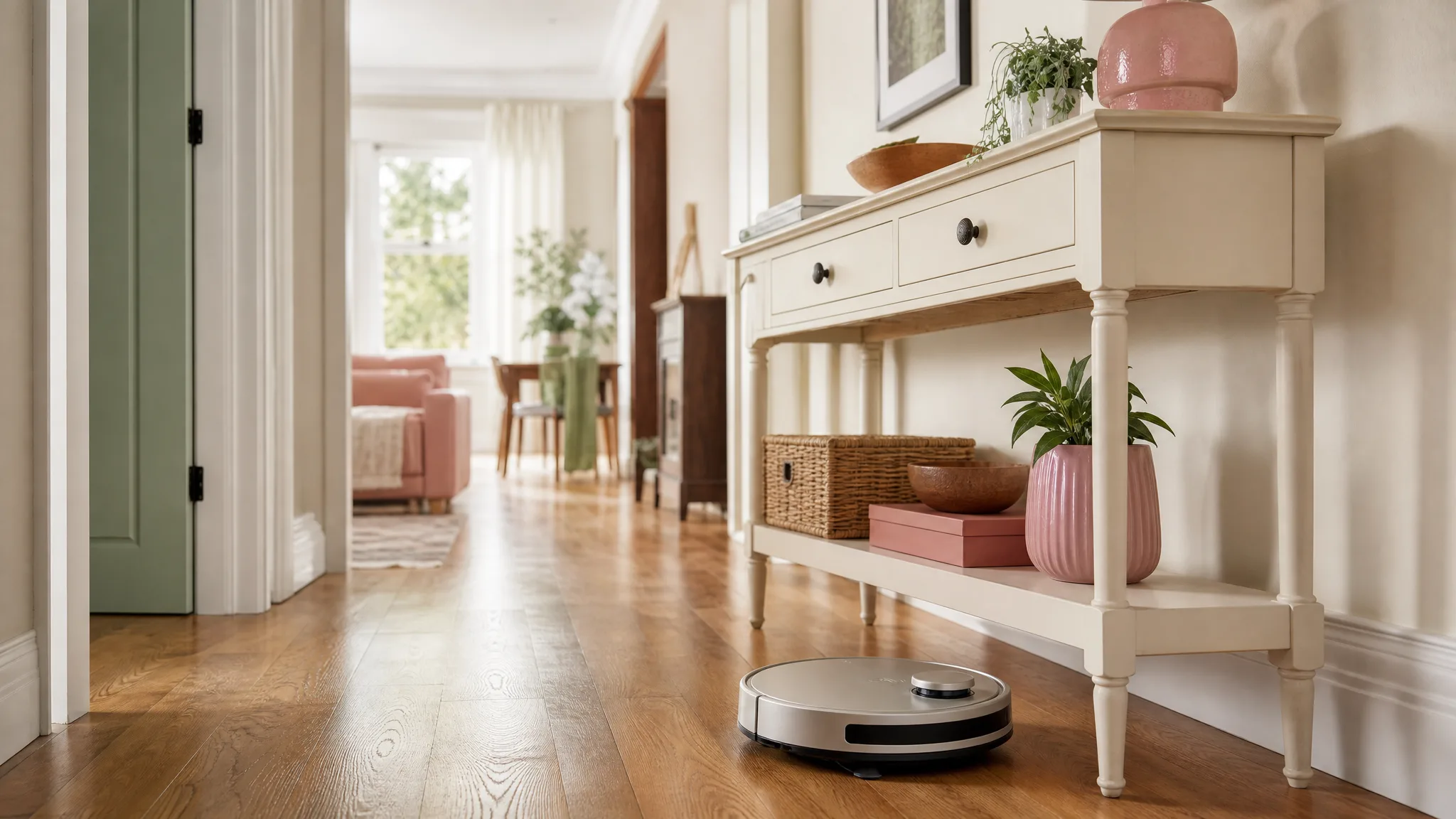 A slim robot vacuum docked near a hallway console in a warm sunlit hard-floor home