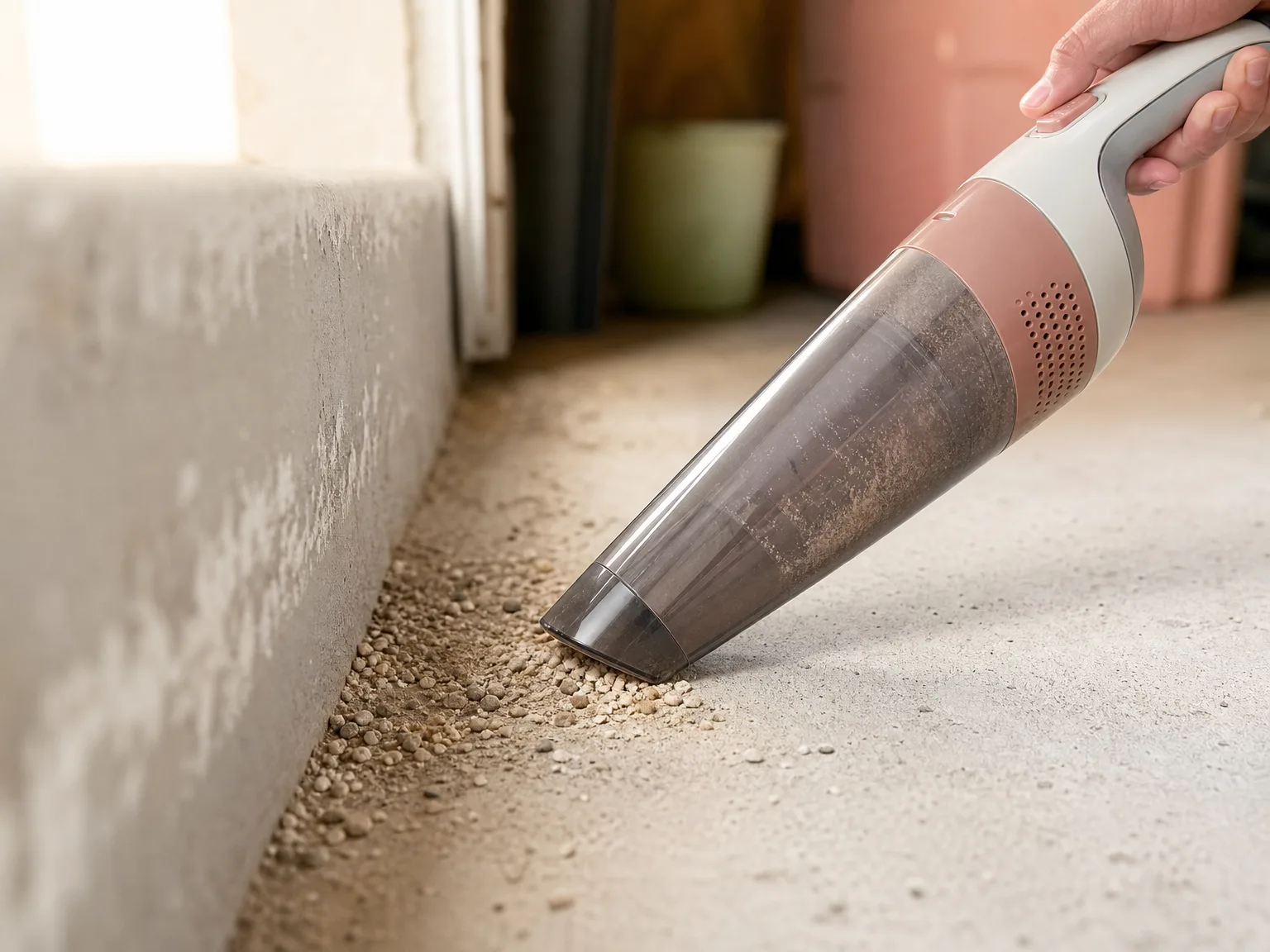 Close-up of a cordless handheld vacuum nozzle clearing dry litter and sawdust from a garage floor edge in warm window light