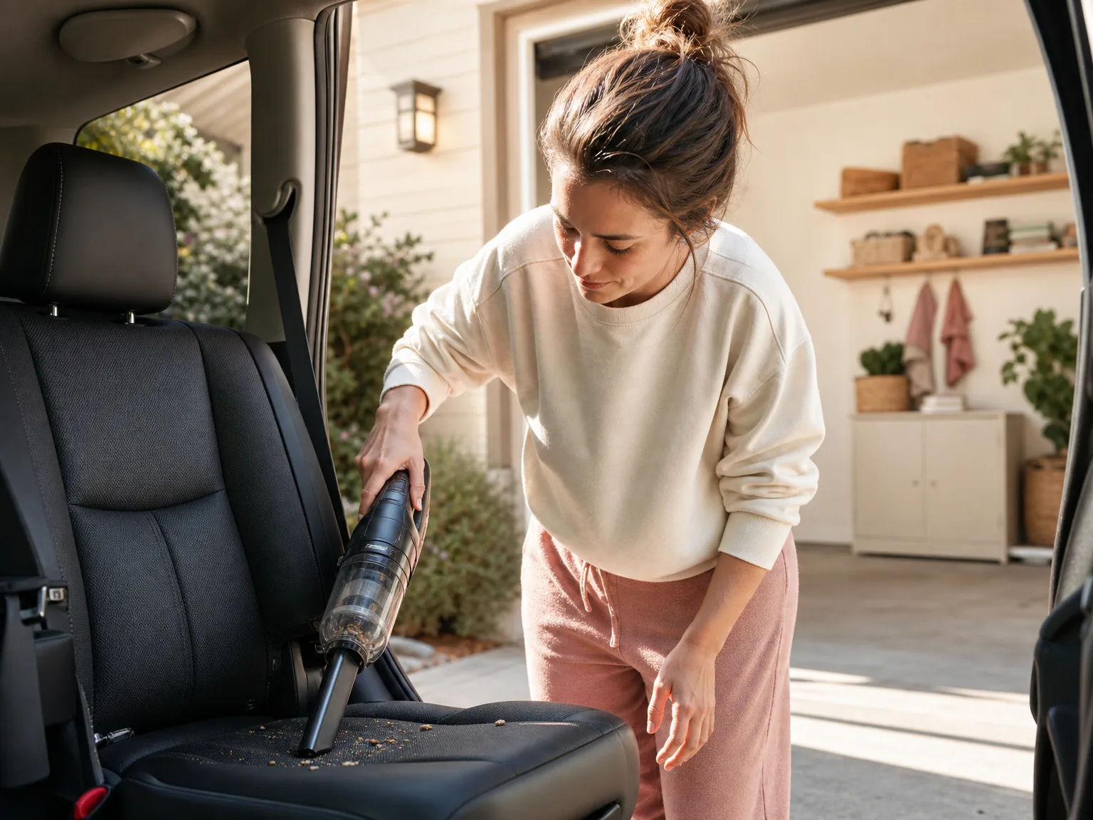 A woman in her early thirties using a cordless handheld vacuum on a car seat in a sunlit residential driveway near a garage